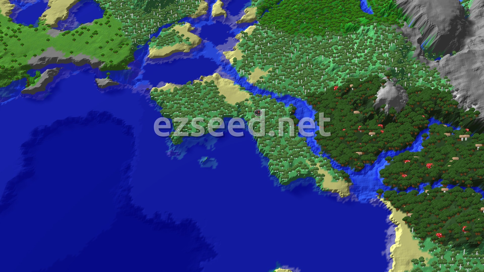 Aerial Minecraft seed map — Spawn in Birch Woods, Near a Dark Forest and Ocean