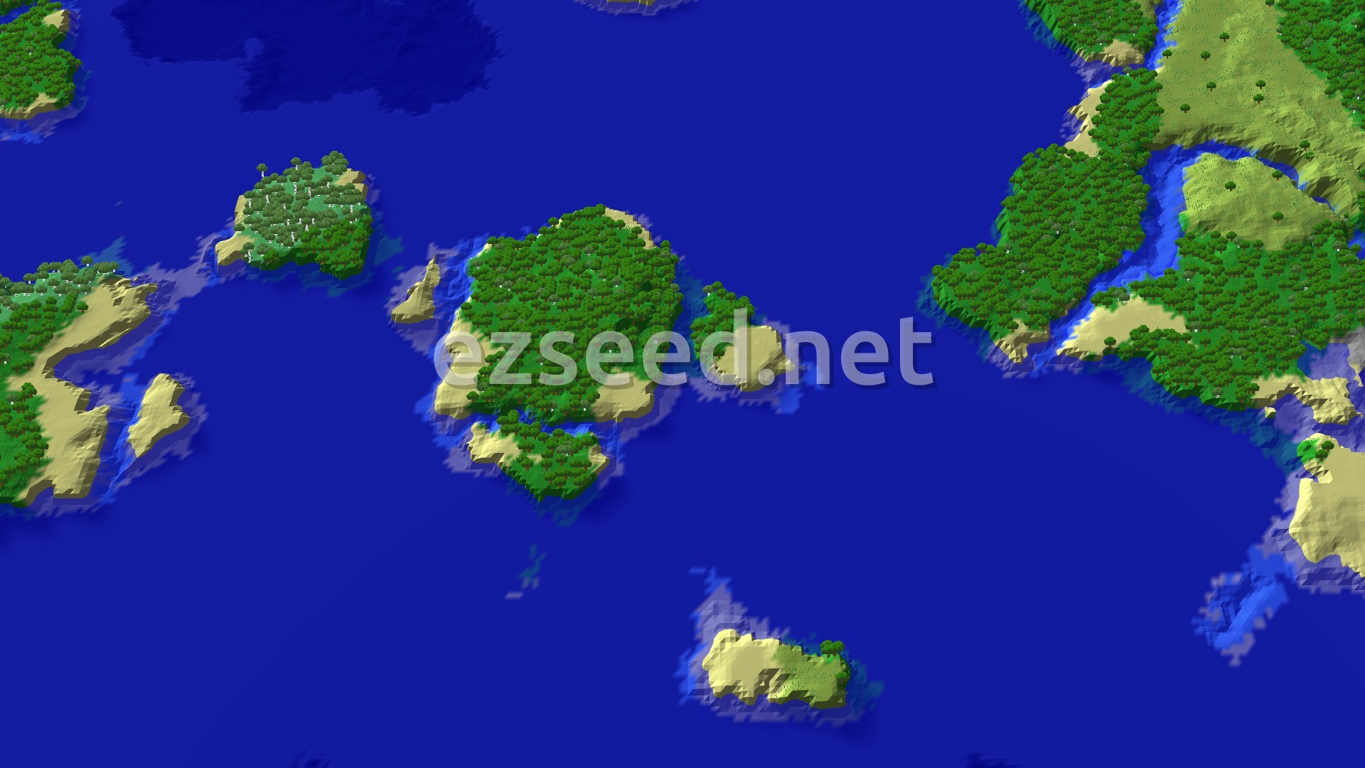 An overhead view of a large ocean dotted with numerous tree-covered islands and coastal landmasses, with sandy beaches and varied terrain.