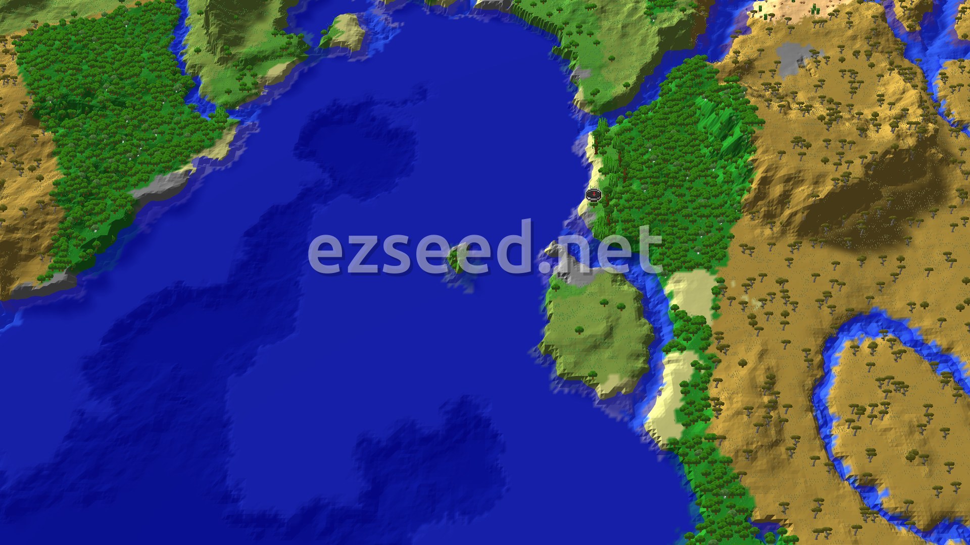 An aerial view of a Minecraft world, showing a vast blue ocean with a spawn marker on a green, forested landmass to the east. Sandy beaches line the coast, and a brown savanna biome stretches further inland to the north and east, interspersed with rivers.