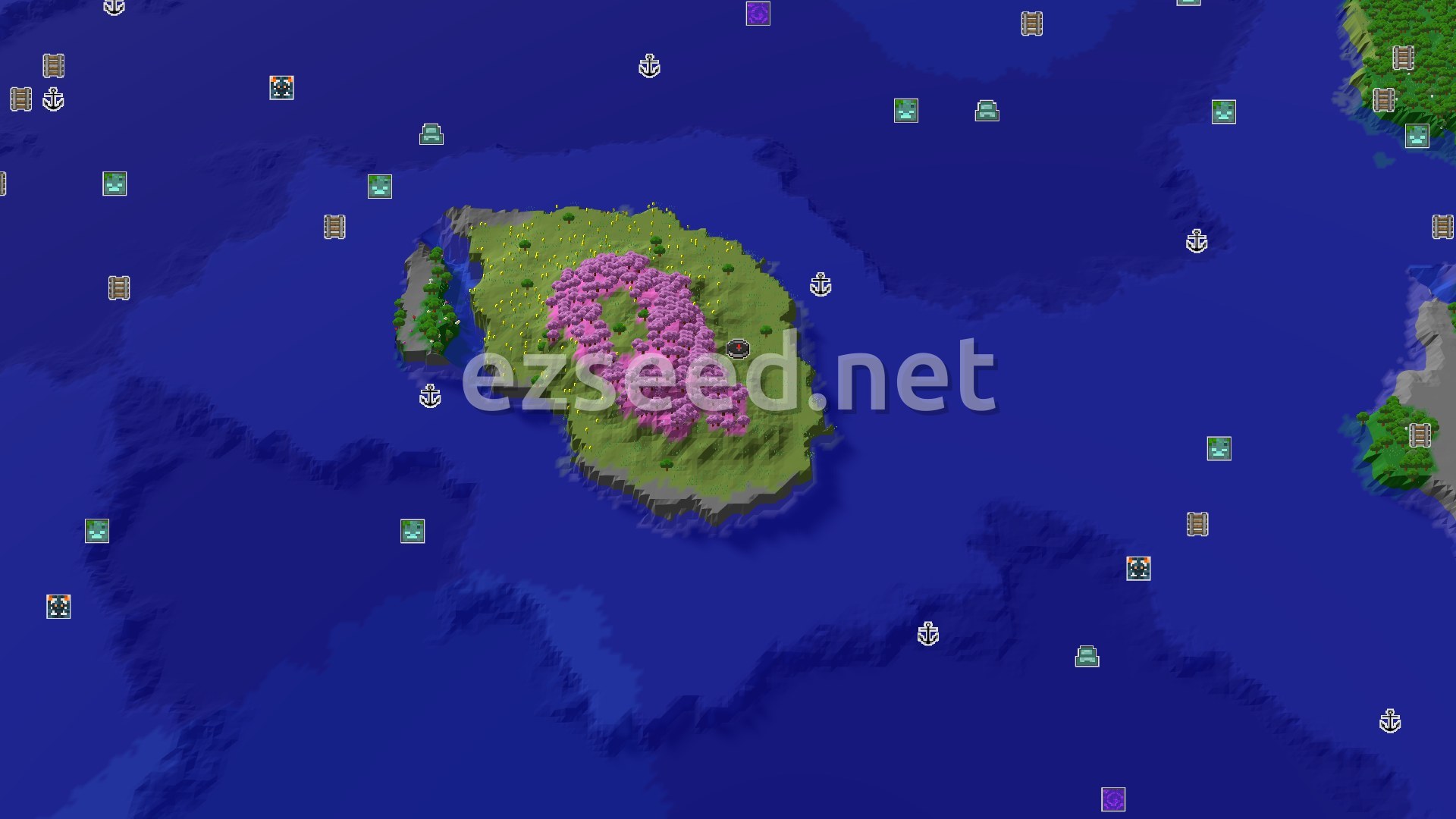 Aerial Minecraft seed map — Spawn Near a Cherry Grove Island