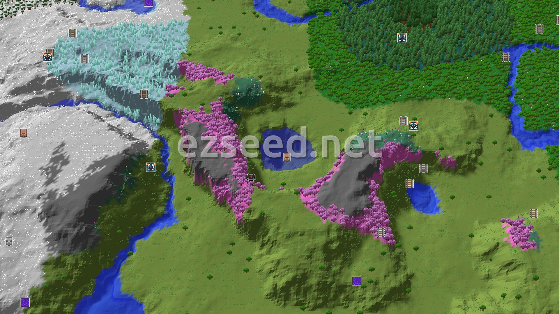 Aerial Minecraft seed map — Cherry Grove and Ice Spikes Near a Plains Spawn
