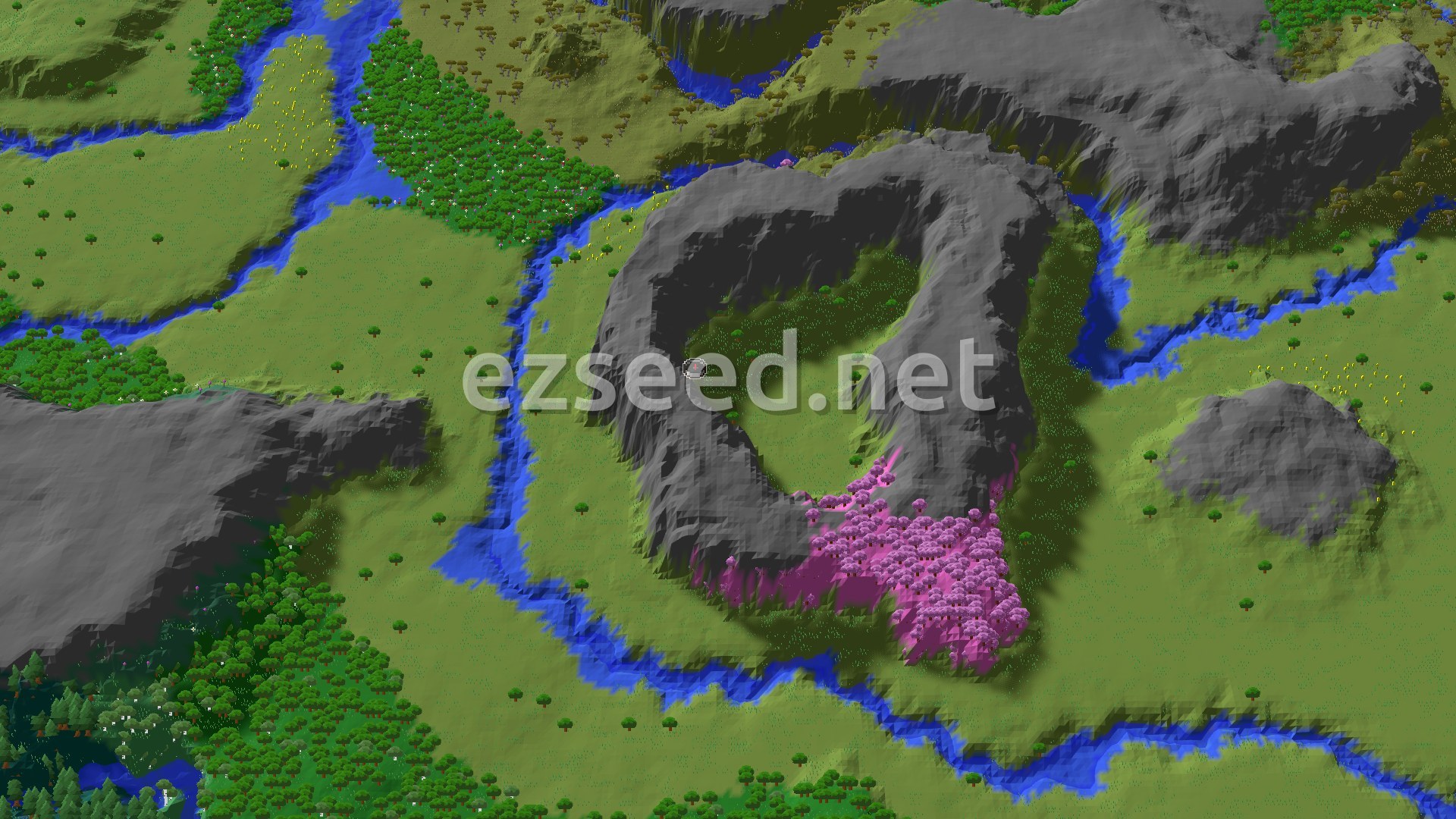 Aerial Minecraft seed map — Cherry Grove Spawn and Nearby Structures Galore