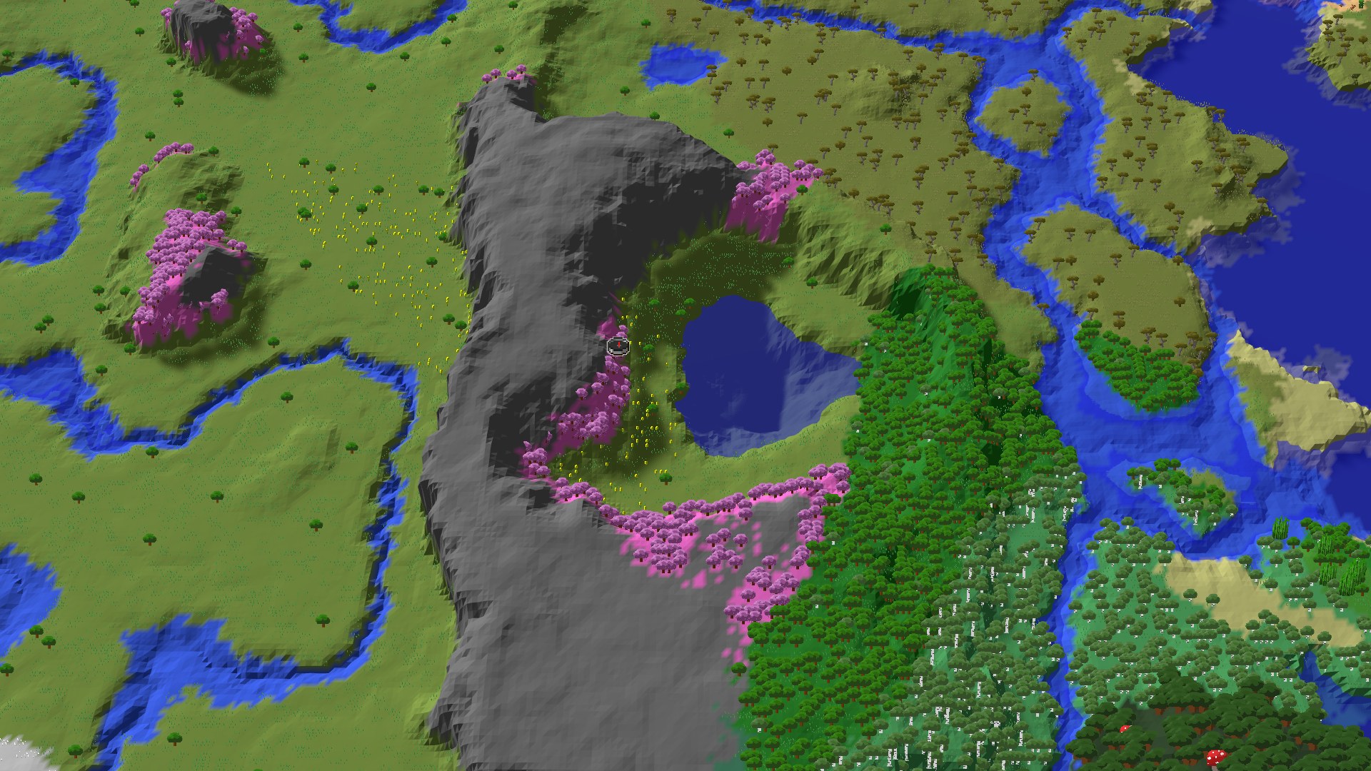 Aerial Minecraft seed map — Cherry Grove Mountainside with Nearby Trial Chambers