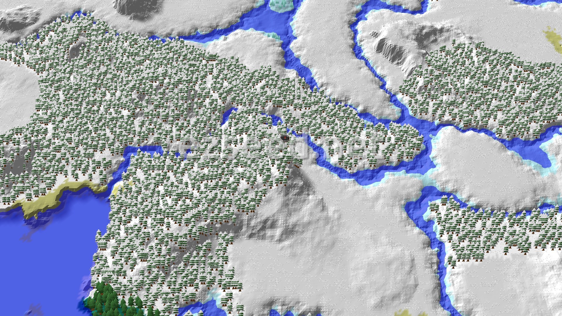 An overhead view of a snow-covered landscape with dense evergreen forests, winding frozen rivers, and a small marker at the center indicating the spawn point.