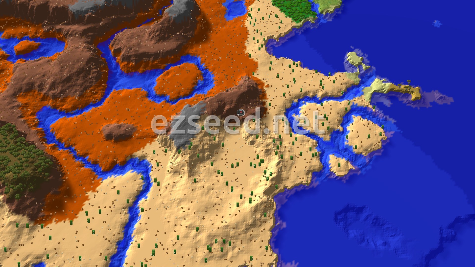 Aerial Minecraft seed map — Badlands Spawn With Nearby Trial Chambers
