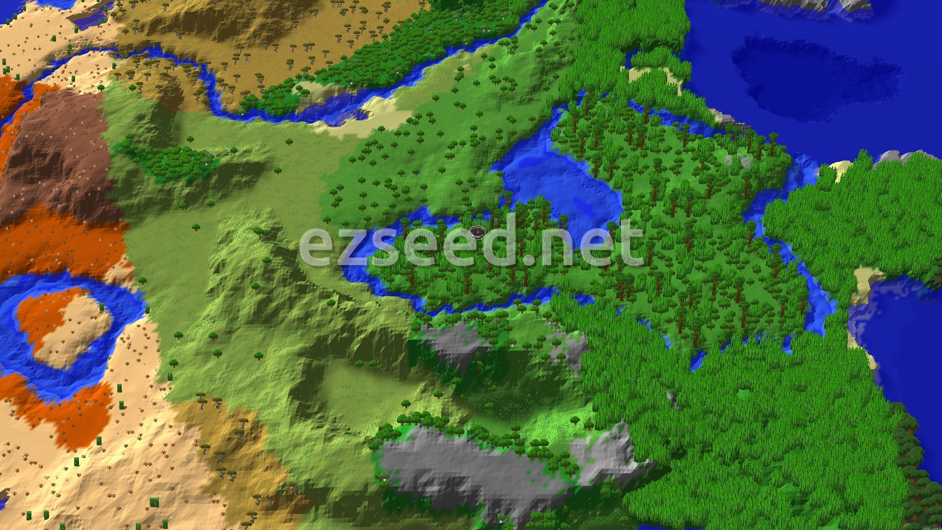 Aerial Minecraft seed map — Jungle Spawn with Nearby Bamboo and Desert