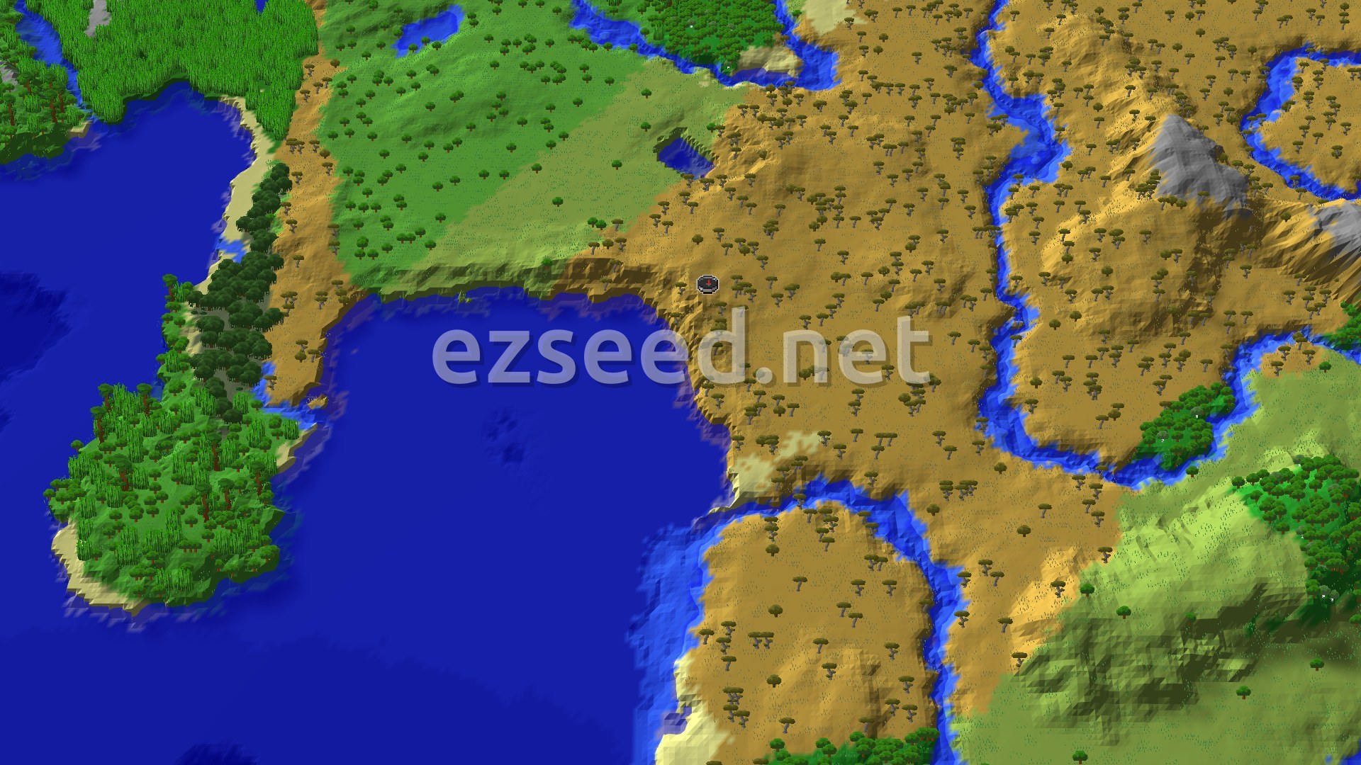 An aerial view of a mostly savanna landscape with scattered trees, a winding river, and a large ocean to the west. A small spawn marker is visible near the center.