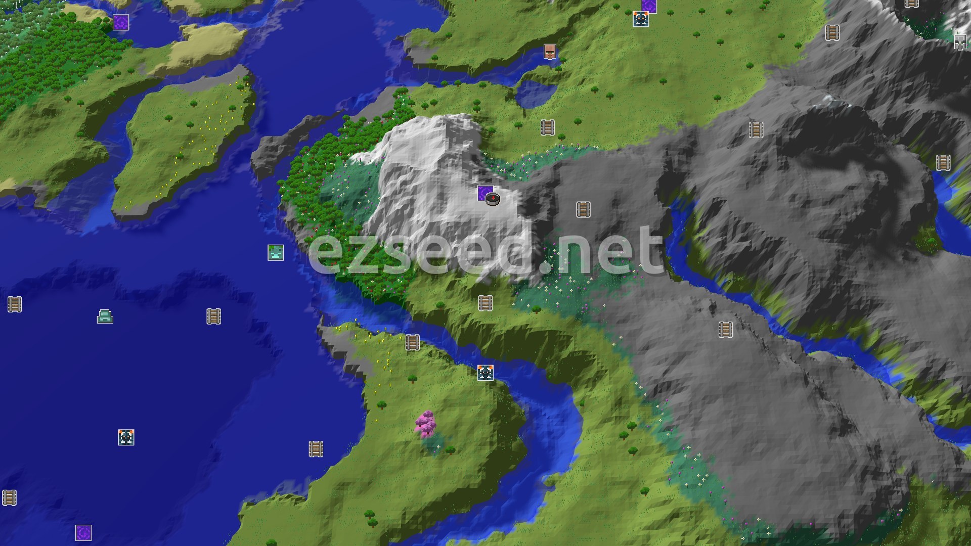 Aerial Minecraft seed map — Spawn in Snowy Peaks, Ancient City Nearby