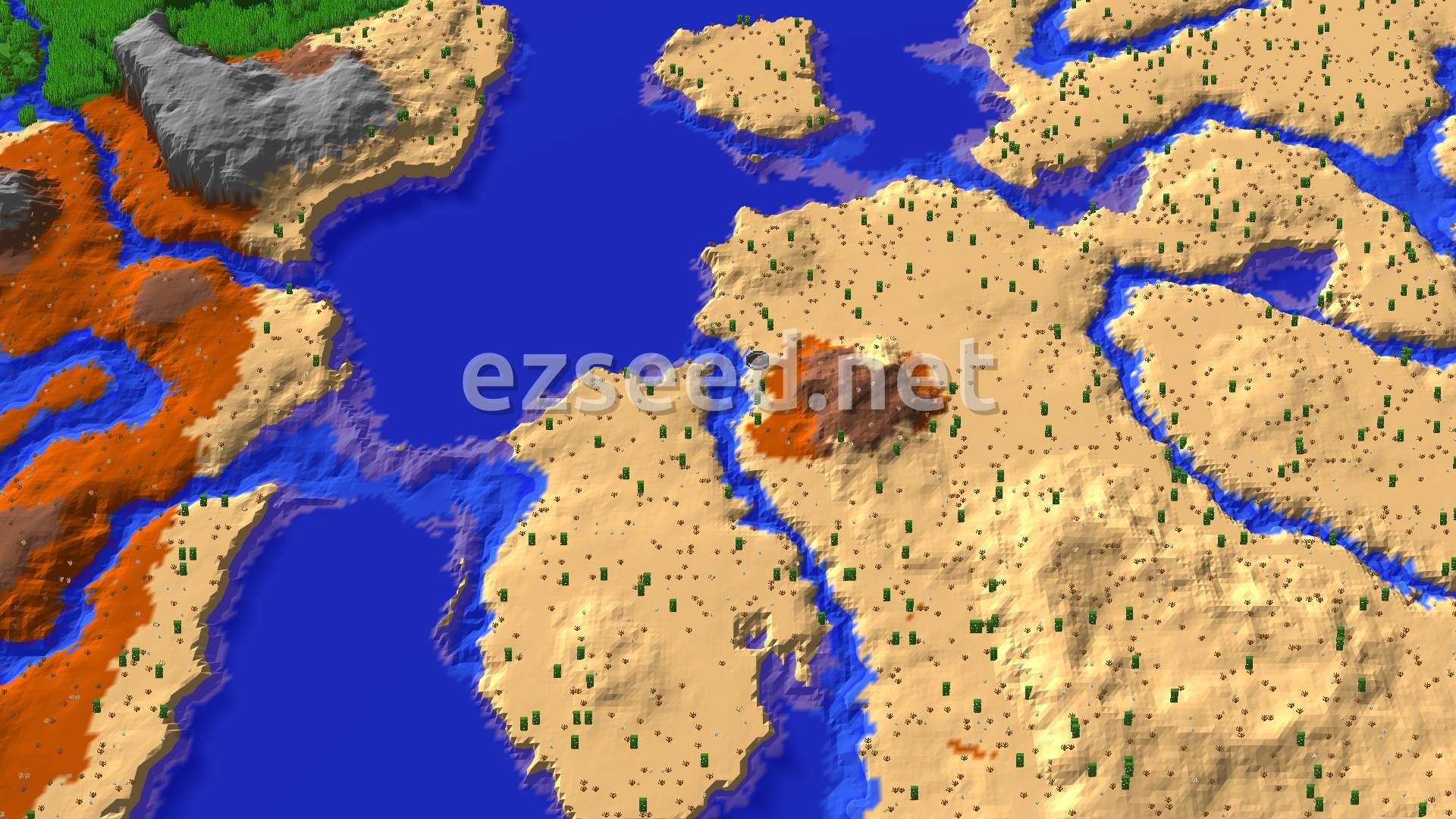 Aerial Minecraft seed map — Desert Spawn with Nearby Eroded Badlands