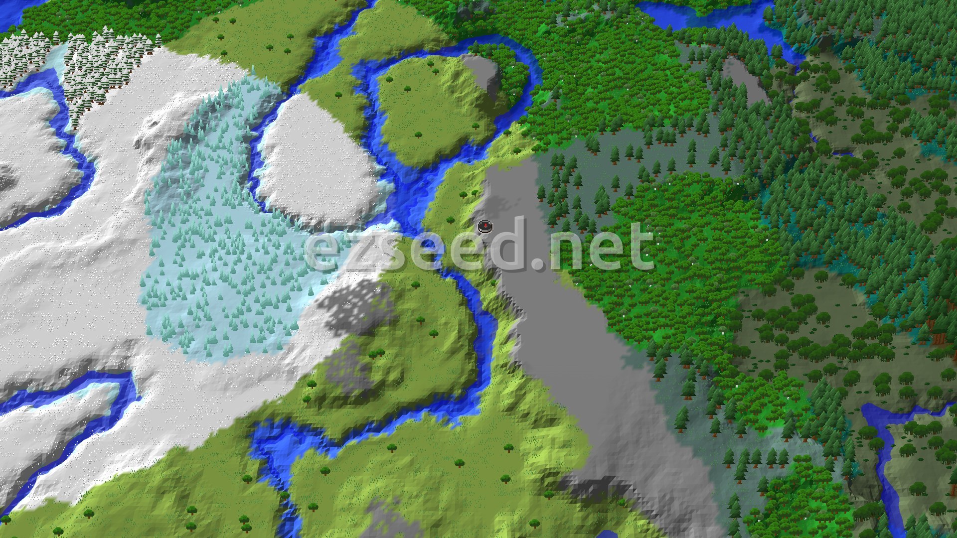 A 3D render of a Minecraft world showing a snowy biome with ice spikes to the west, green forests and plains to the east, and a river winding through the landscape. A small spawn marker is visible near a gray, windswept hill.