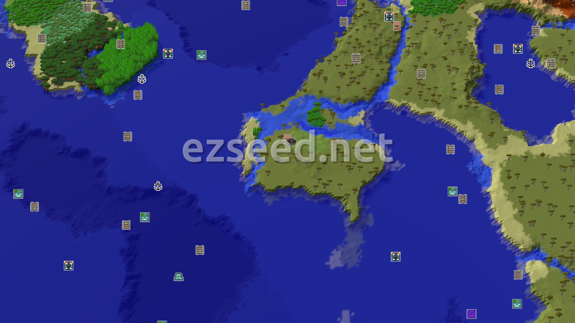 An overhead 3D view of a varied landscape, showing a central landmass with scattered savanna trees, surrounded by blue water. A small marker indicates the spawn point on a slightly elevated, grassy savanna plain. Patches of forest and beach are visible in the distance.