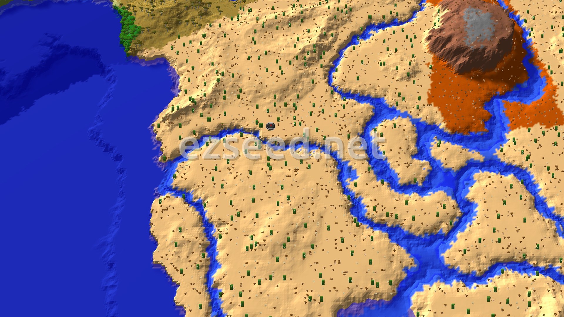 An overhead view of a vast desert landscape, featuring a large body of water to the west, winding rivers, and a reddish eroded badlands biome in the northeast.