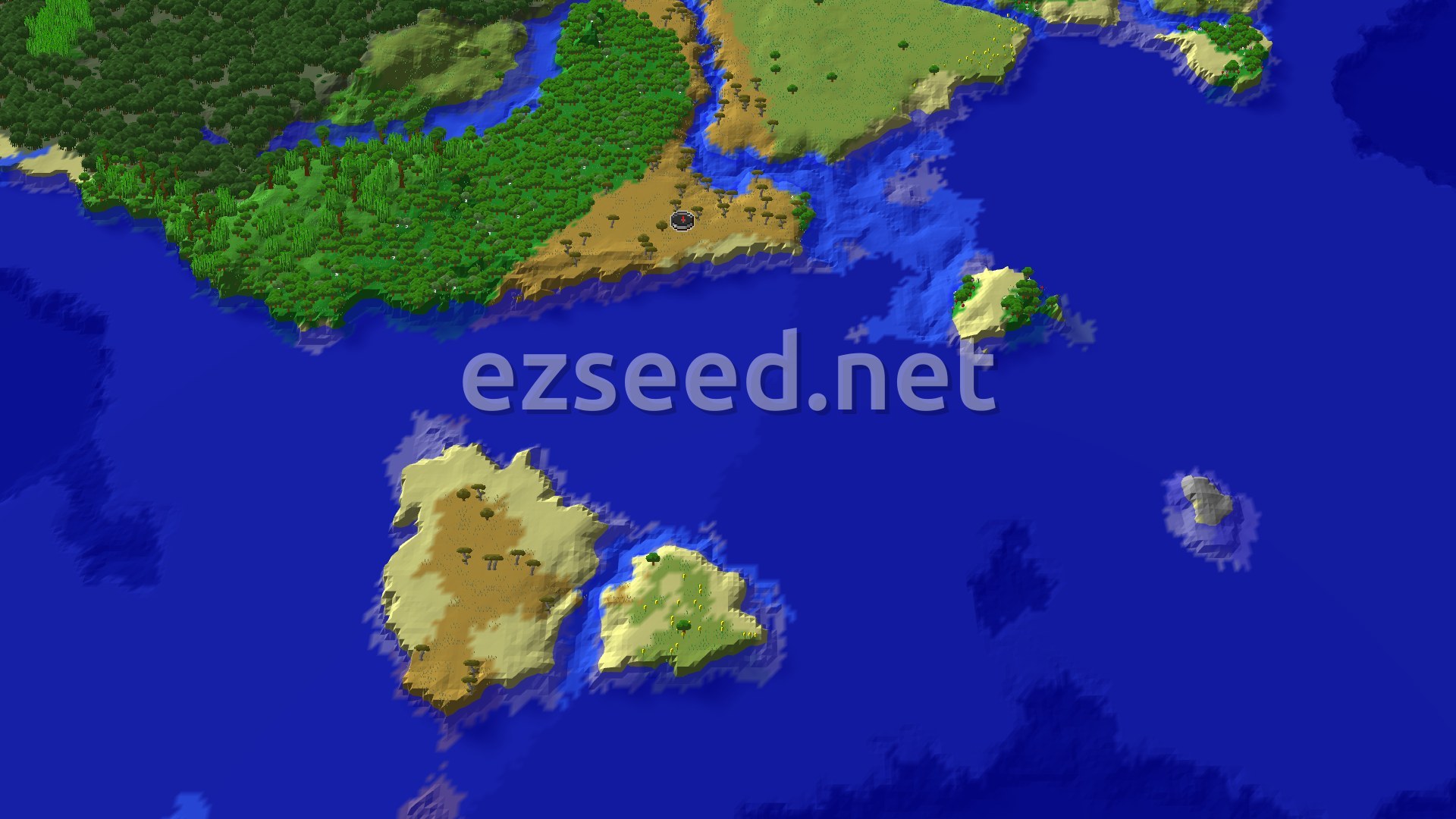 An aerial view of diverse biomes including a large savanna, a dense forest, and multiple ocean biomes with islands. A small spawn marker is visible in the savanna.