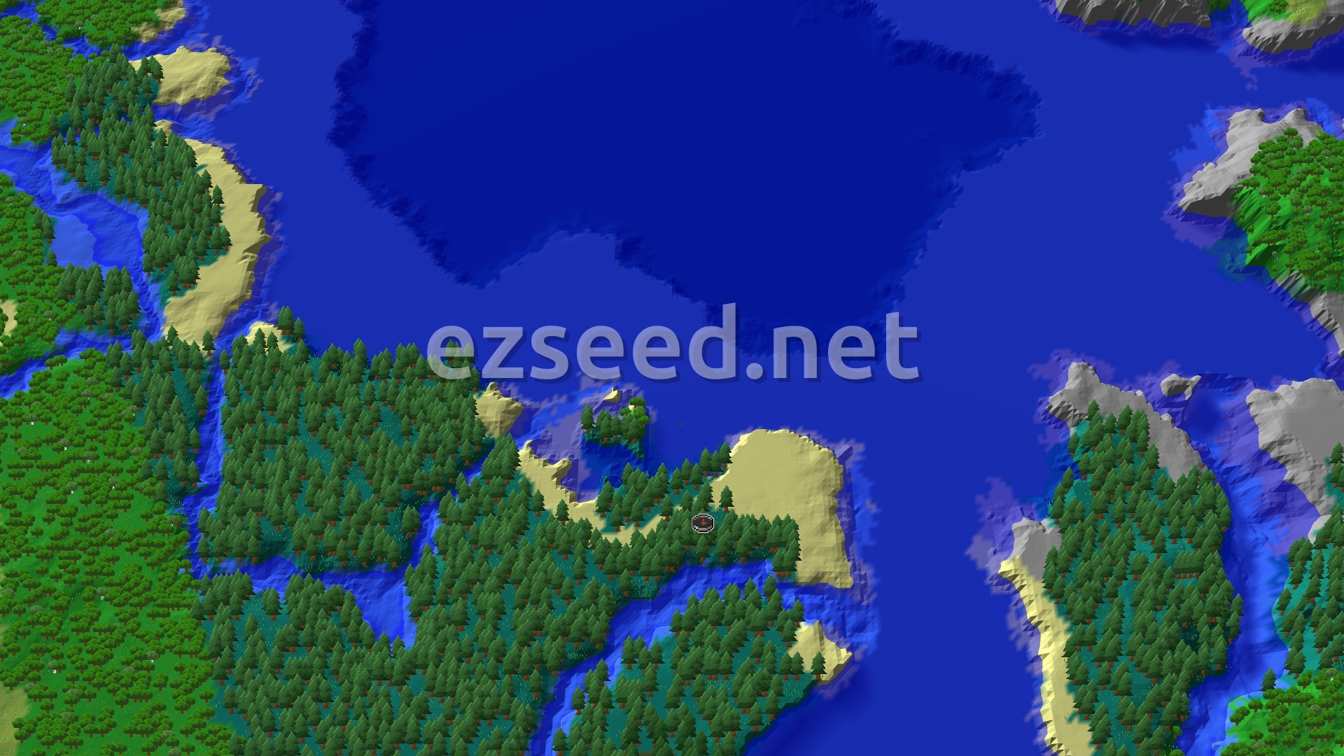 Aerial Minecraft seed map — Taiga and Ocean Start with Nearby Trial Chambers