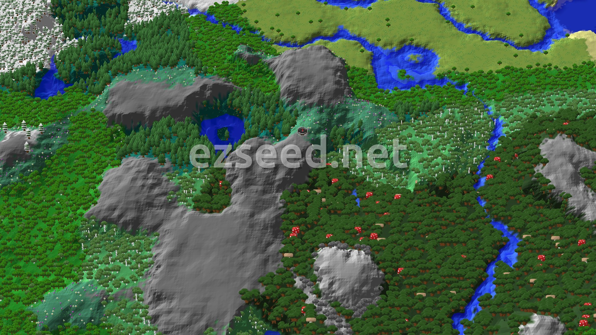 Aerial Minecraft seed map — Woodland Mansion and Village Near Spawn