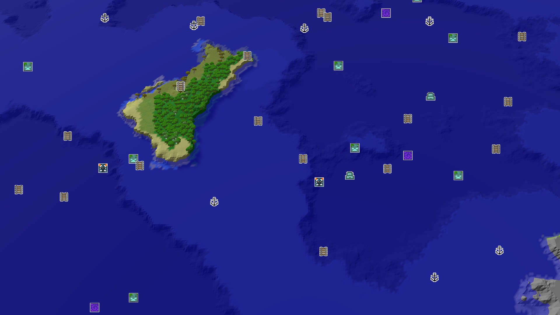 An aerial view of a medium-sized island covered in lush green forest, surrounded by vast blue ocean. A small marker indicates the spawn point on a sandy beach.