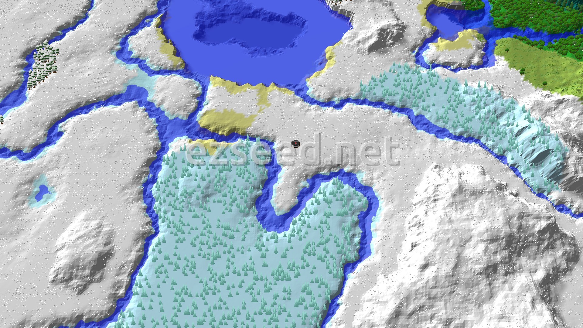 A 3D overhead view of a snow-covered landscape with a large frozen lake, scattered trees, and a small spawn marker in the center.
