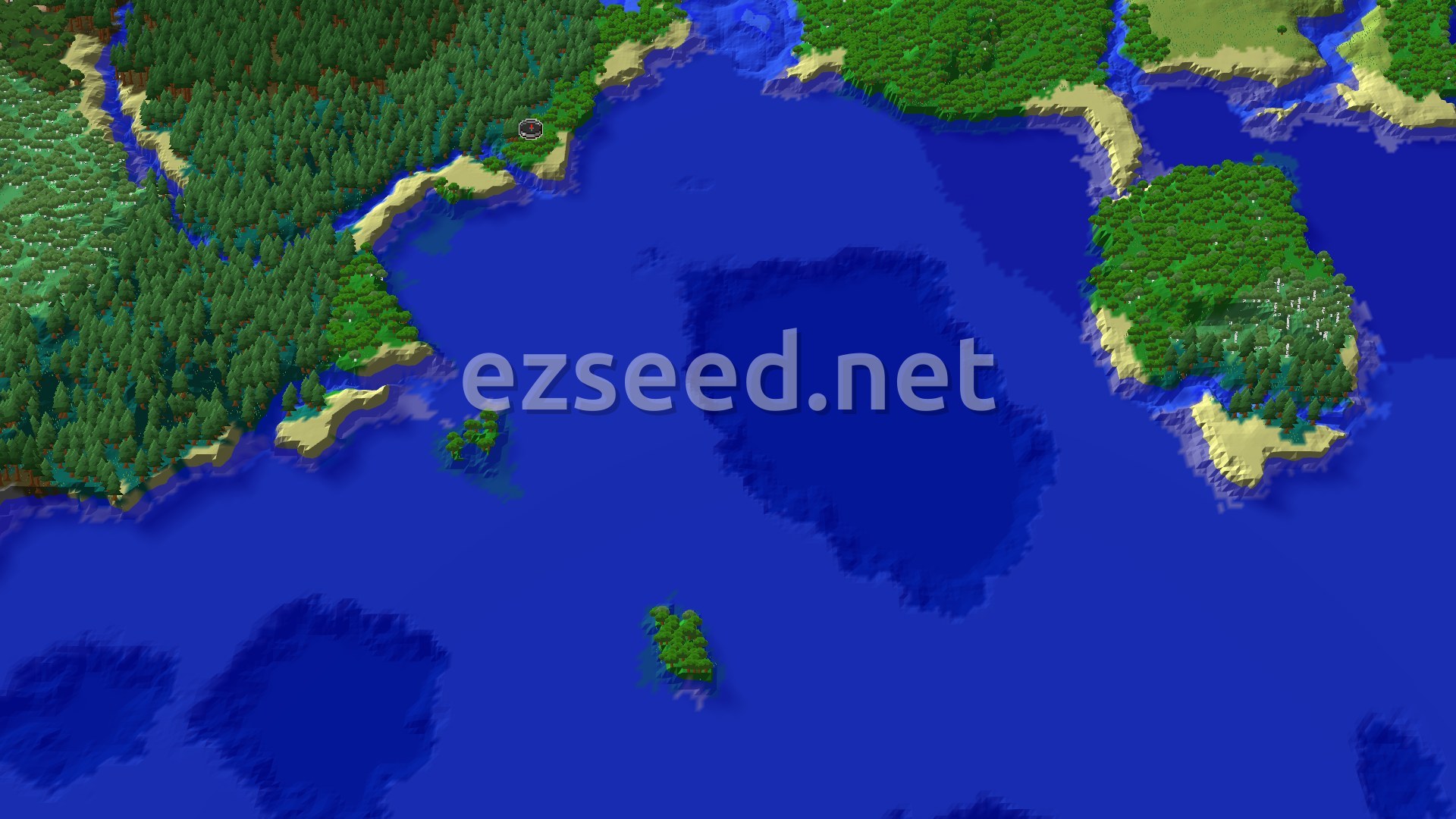 Aerial Minecraft seed map — Forest Spawn with Nearby Trials and Far-Off Mansion