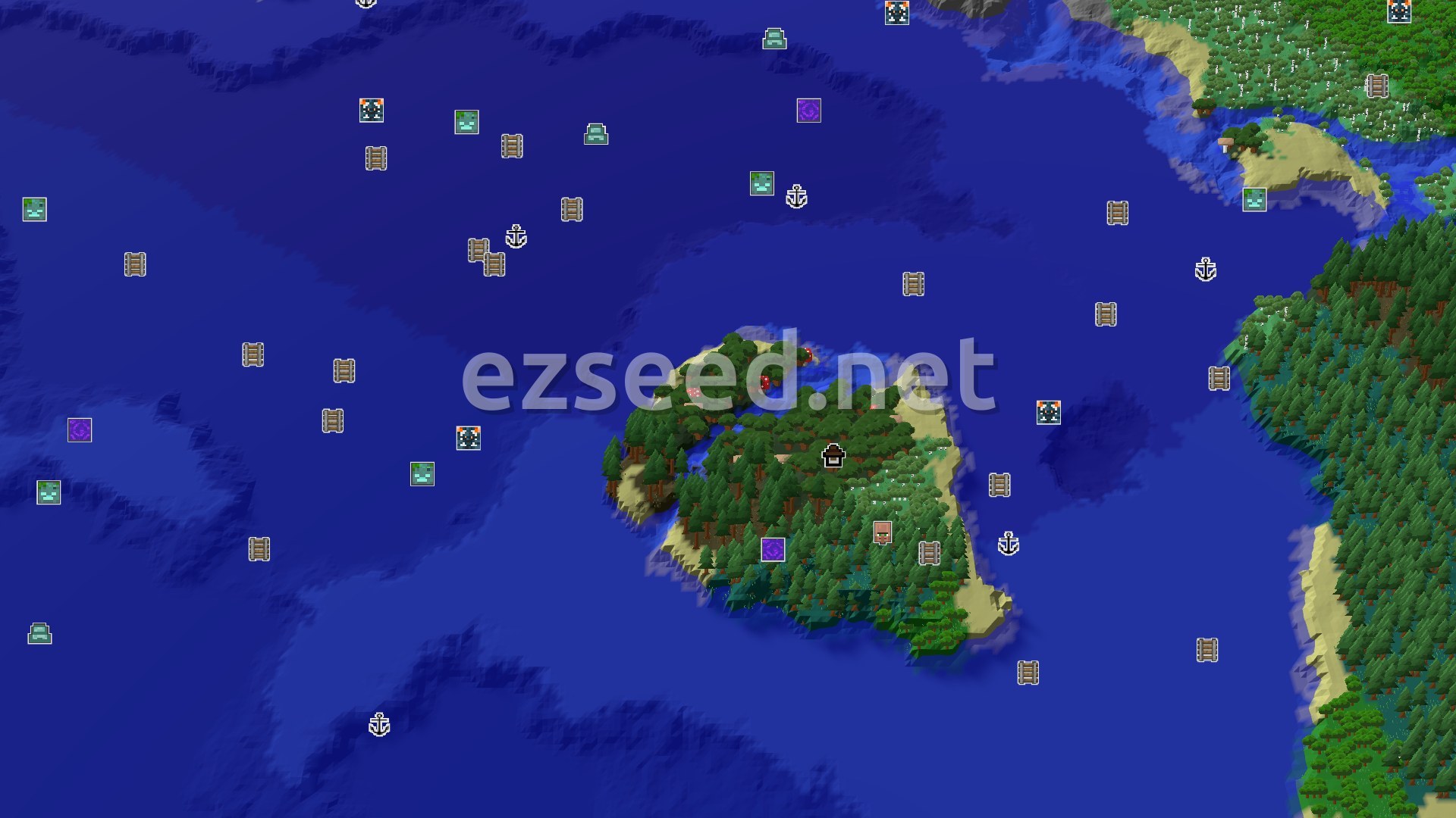 Aerial Minecraft seed map — An Island Spawn with Quick Dungeon Access