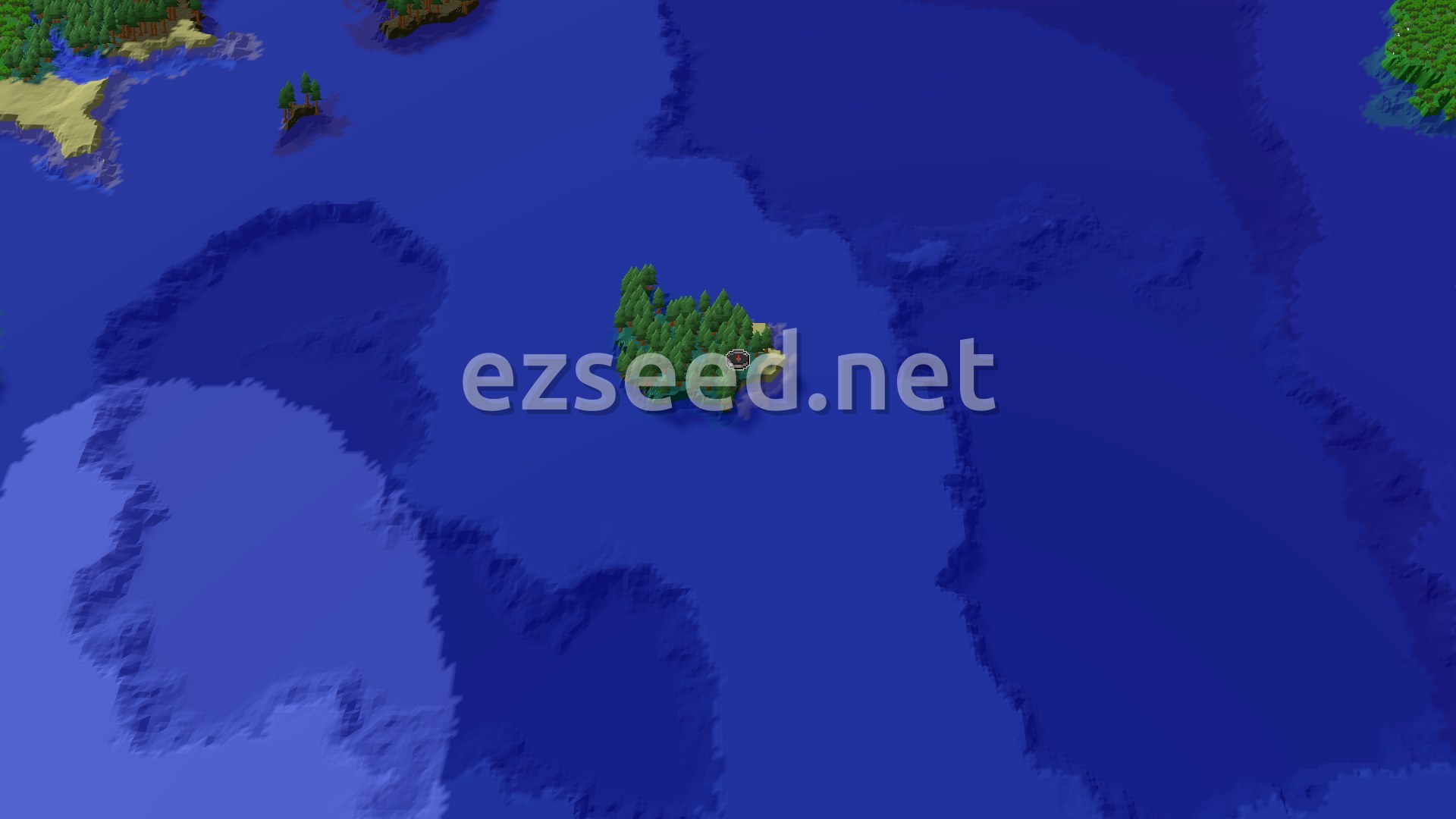 Aerial Minecraft seed map — Village Start in a Taiga with Nearby Ocean Ruins
