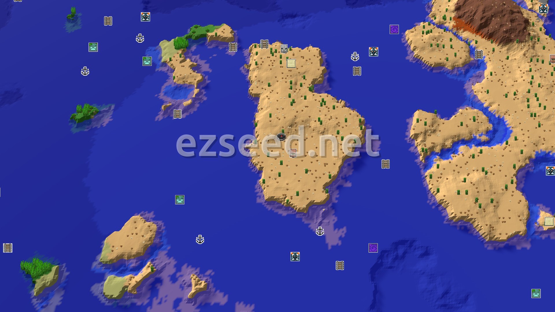 Aerial Minecraft seed map — Desert Island Start with Nearby Jungle and Trial Chambers