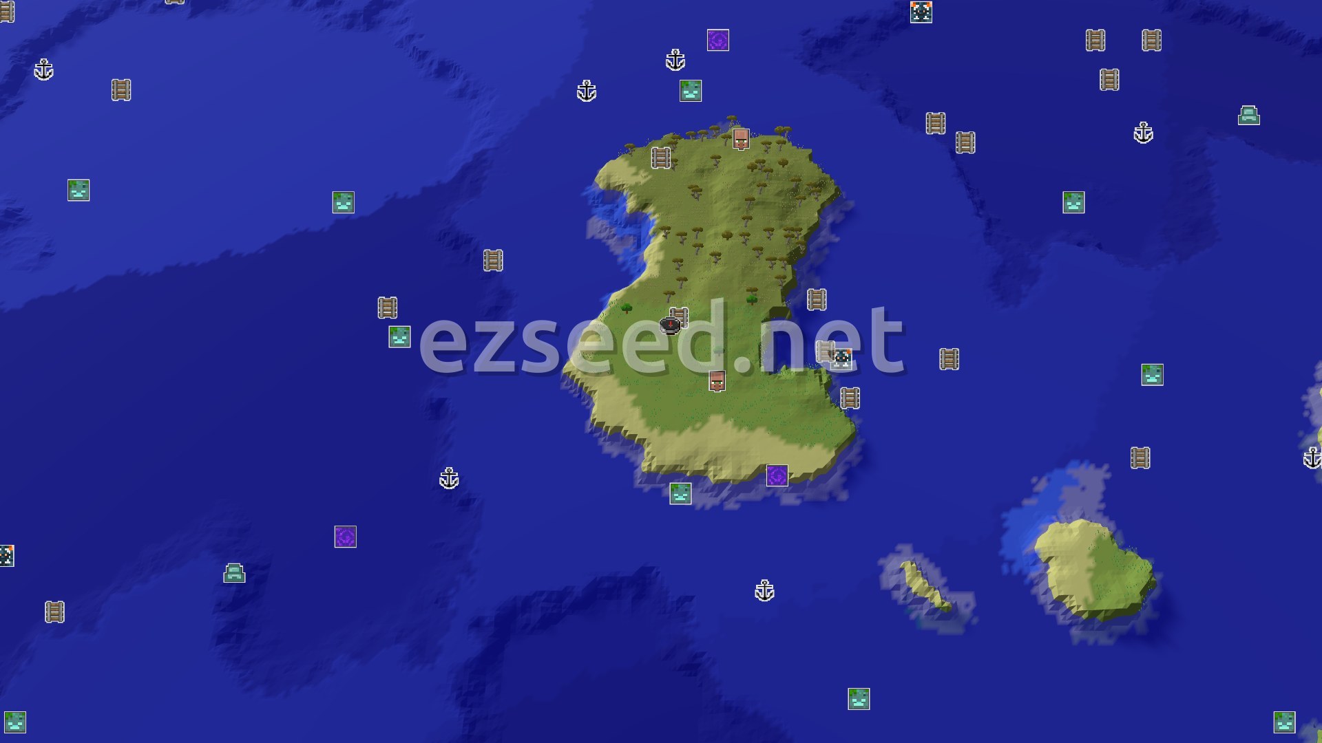 Aerial Minecraft seed map — Spawn on a Plains Island with Nearby Ocean Life