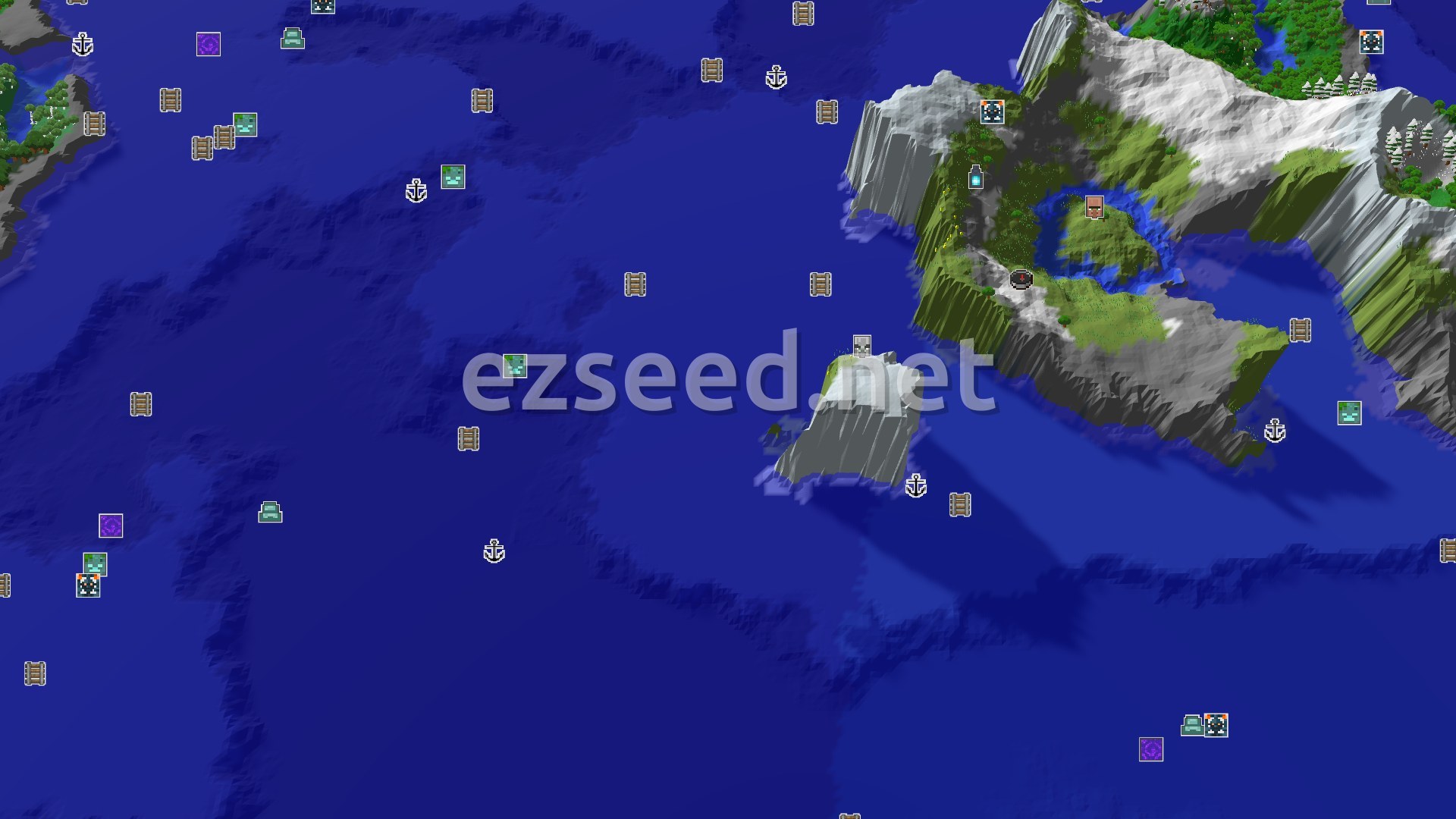 Aerial Minecraft seed map — A Mountainous Island Spawn with a Nearby Ancient City