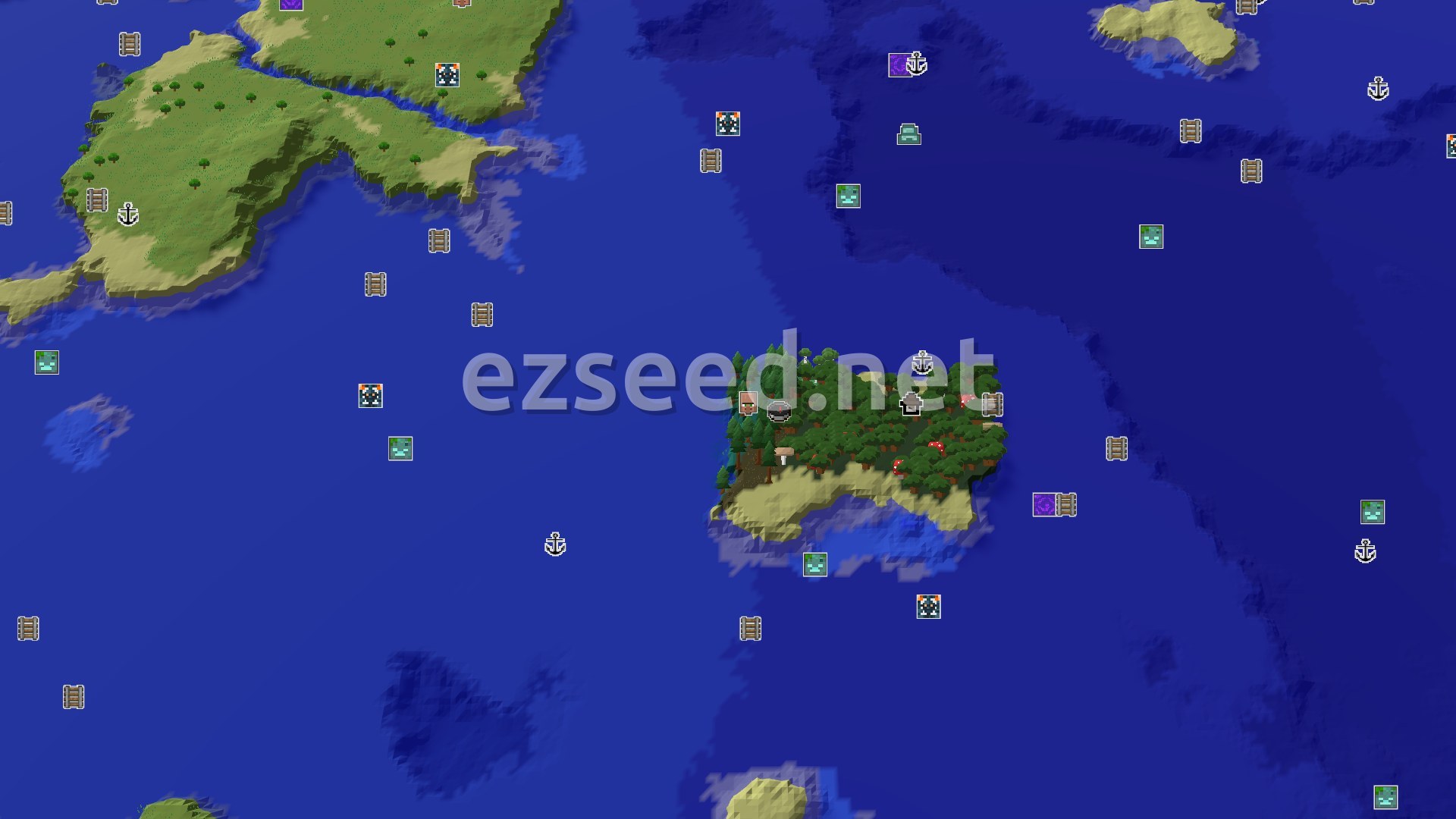 Aerial Minecraft seed map — Island Spawn with Nearby Village and Dark Forest