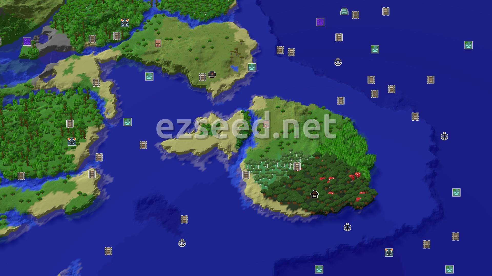 Aerial Minecraft seed map — Spawn Near a Mineshaft and Quick Village Access