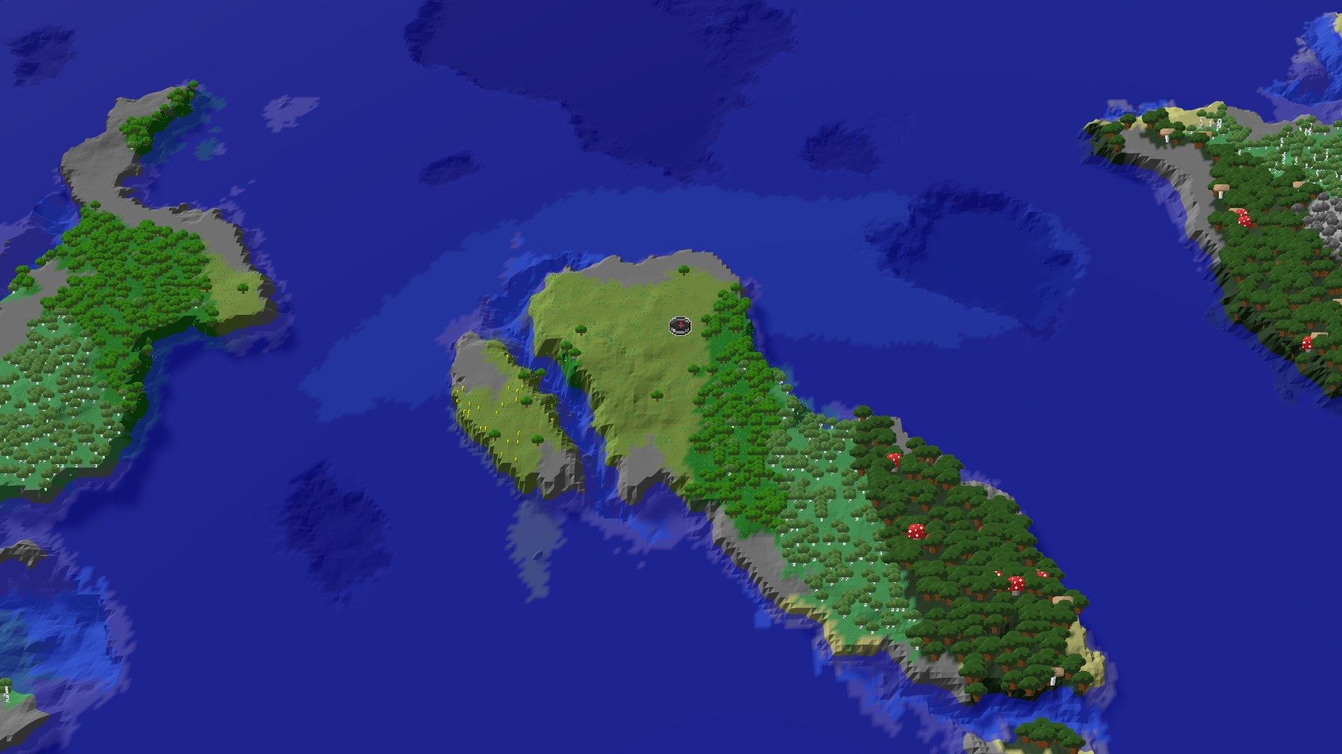 An overhead view of a large, green island surrounded by blue ocean, with a smaller island to the left.