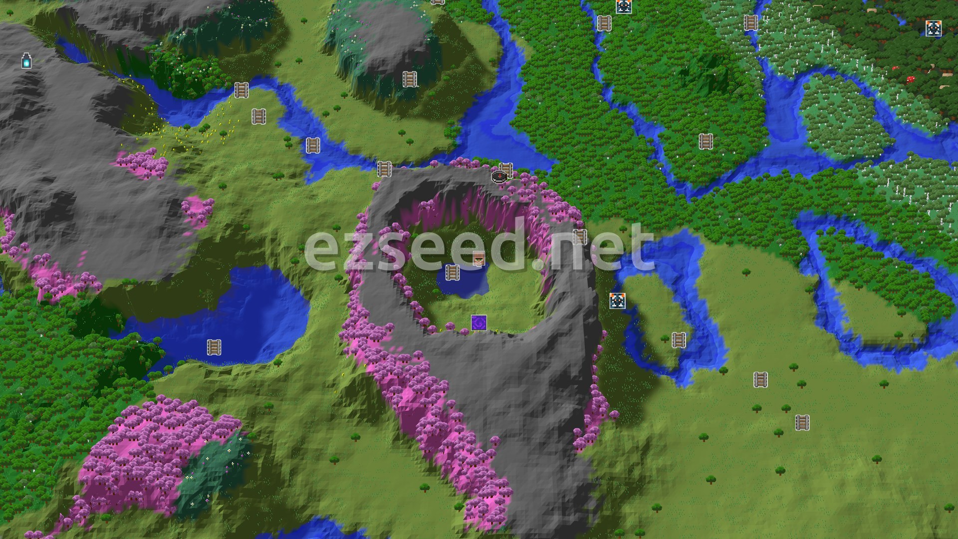 Aerial Minecraft seed map — Cherry Grove Start with Nearby Mineshaft