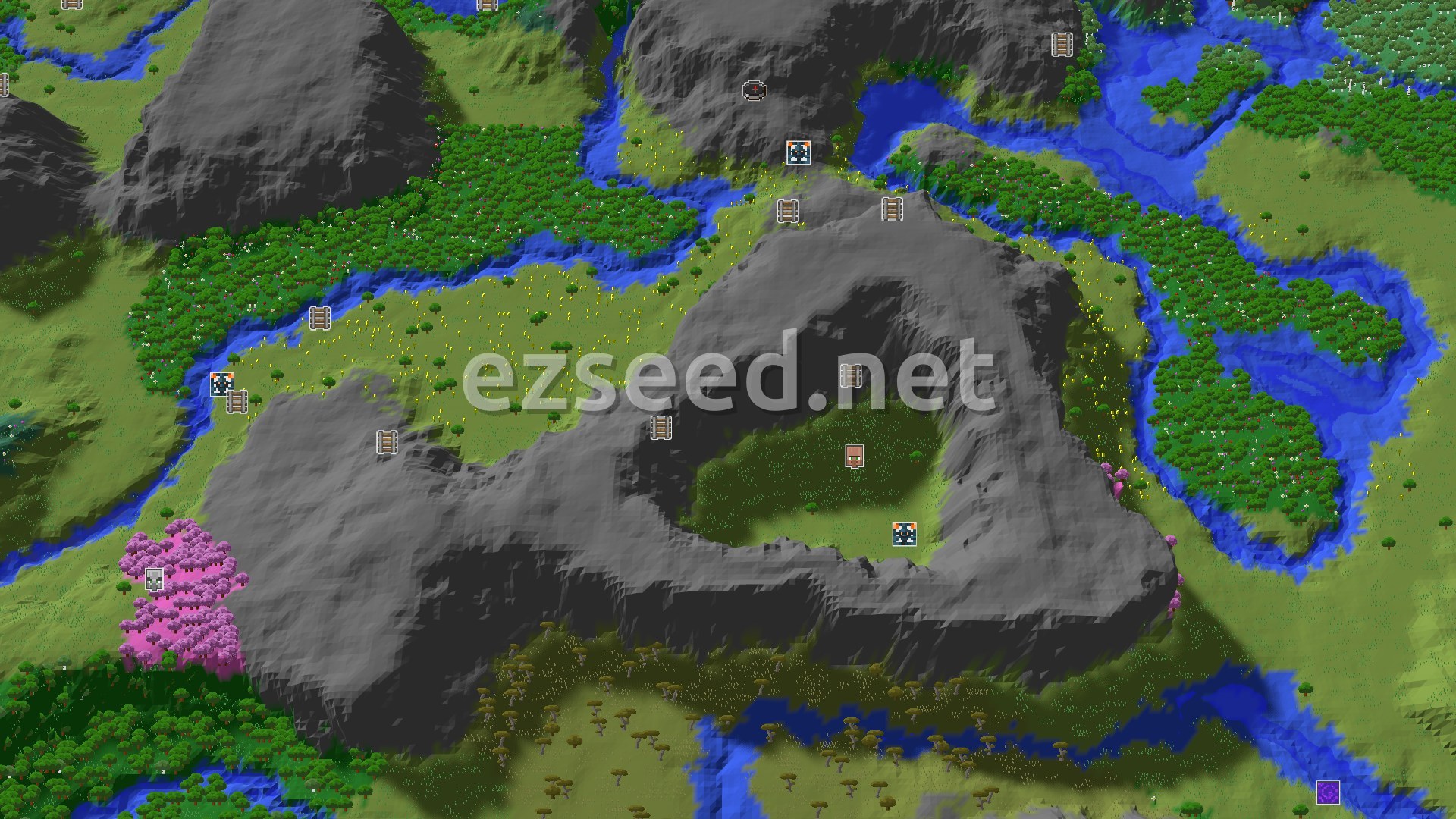 Aerial Minecraft seed map — A Seed for Underground Exploration and Early Cherry Groves