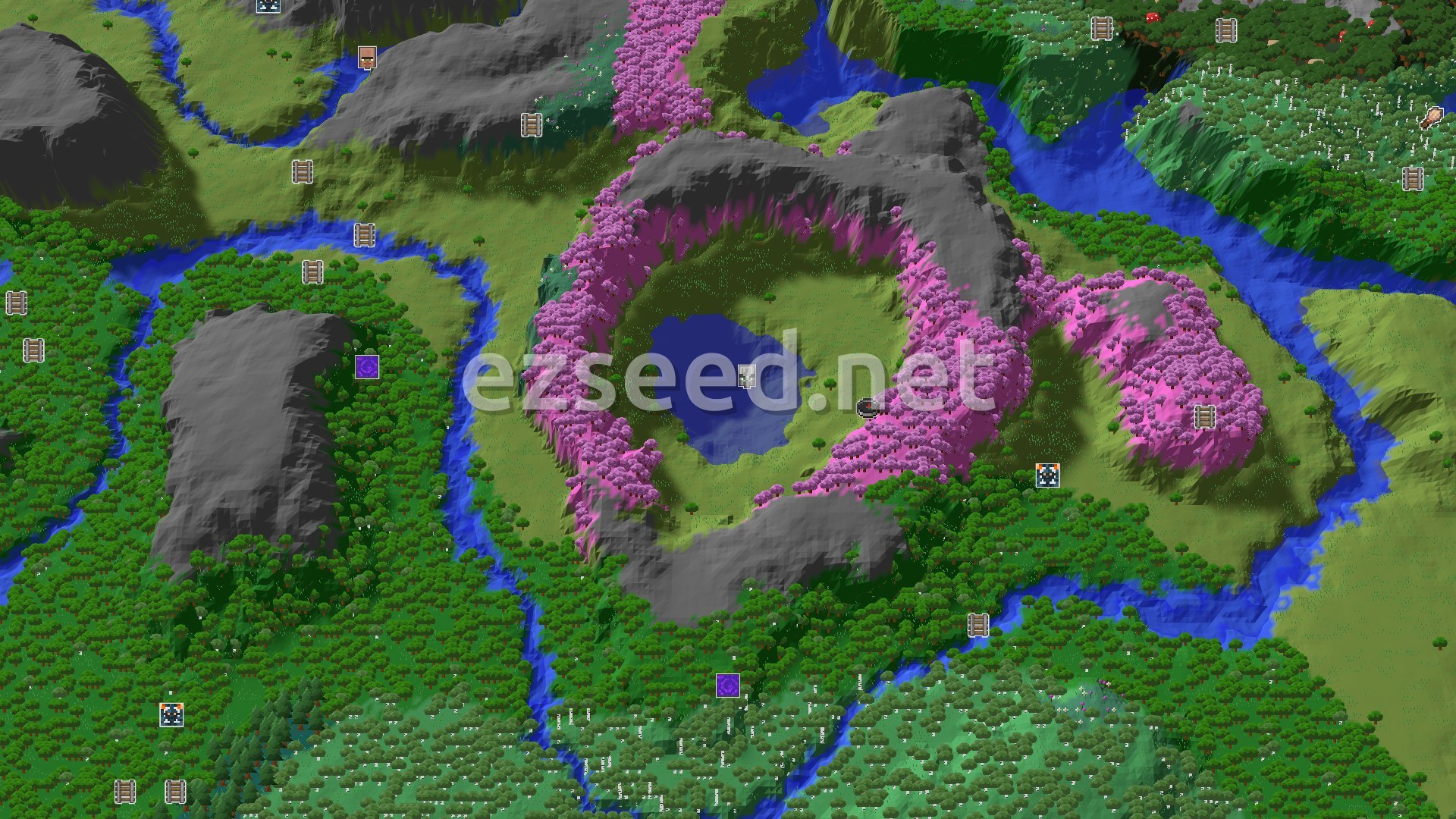 Aerial Minecraft seed map — Cherry Grove Spawn with Nearby Pillager Outpost