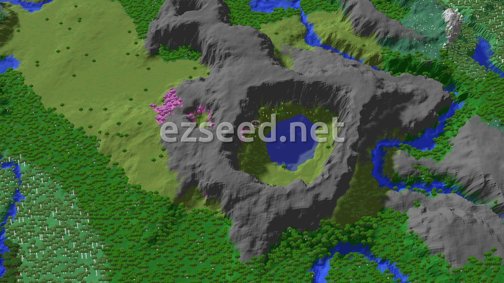 Aerial Minecraft seed map — Pillager Outpost and Cherry Grove Near a Quiet Start