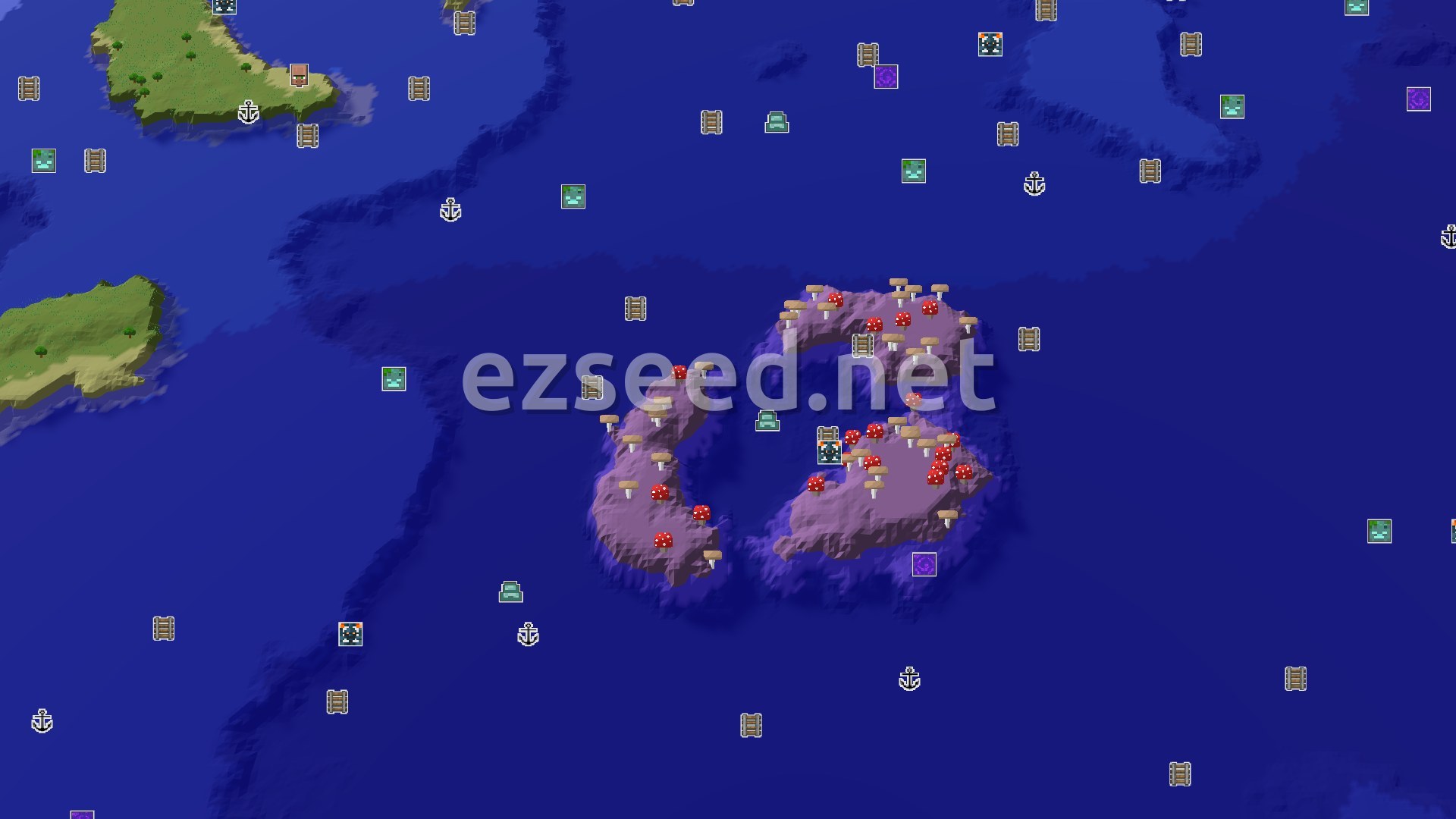 Aerial Minecraft seed map — Mushroom Island and Cold Peaks near a Forest Spawn