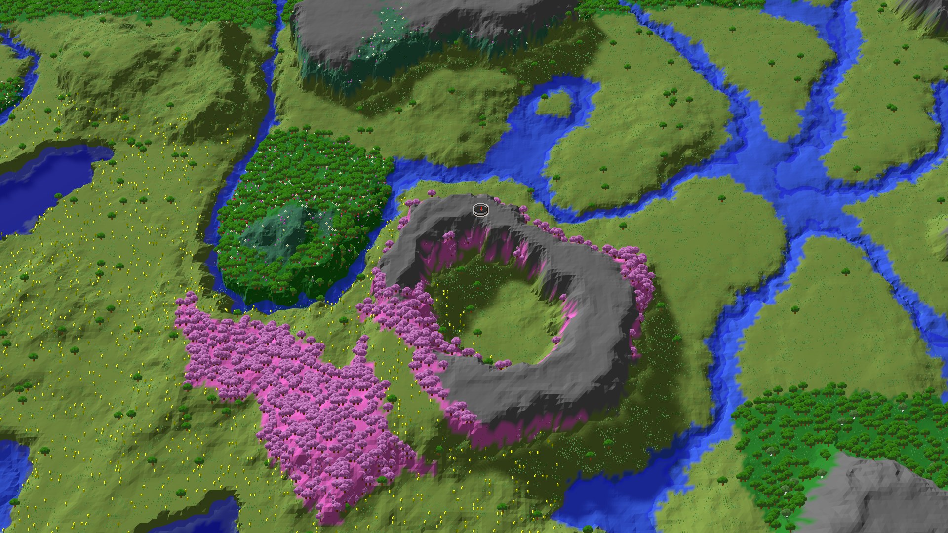 Aerial Minecraft seed map — Cherry Grove Spawn and an Early Pillager Outpost