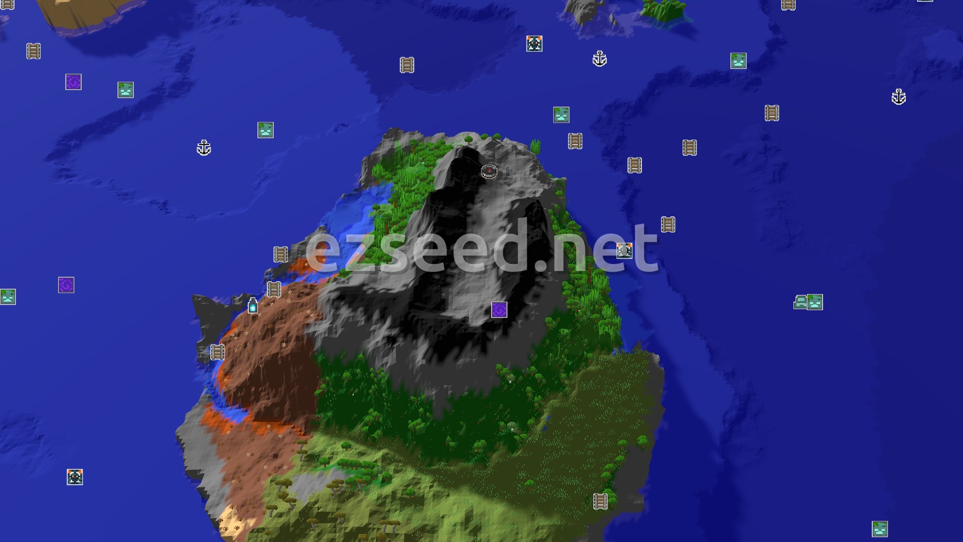 Aerial Minecraft seed map — Stony Peaks and Ocean Structures Near Spawn