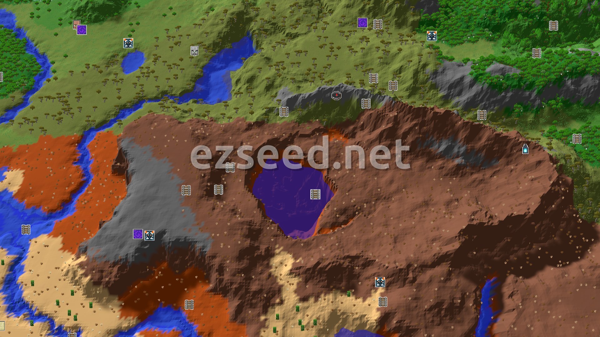 Aerial Minecraft seed map — Minecraft Seed: Badlands Crater with Nearby Trial Chambers