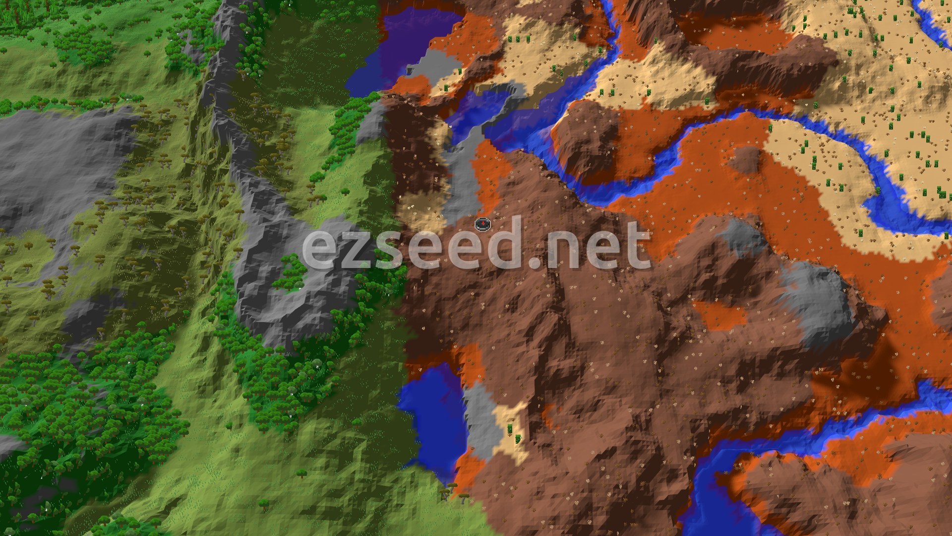Aerial Minecraft seed map — Badlands Spawn with Nearby Stony Peaks and Desert
