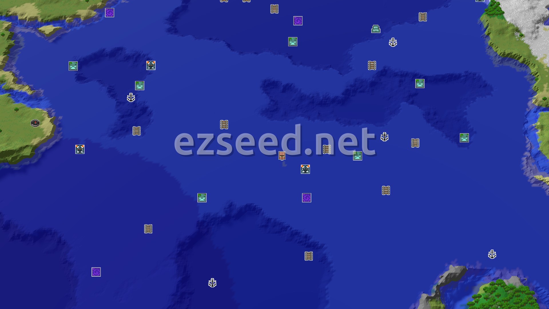 Aerial Minecraft seed map — Trial Chambers and Ocean Monuments Near a Plains Spawn