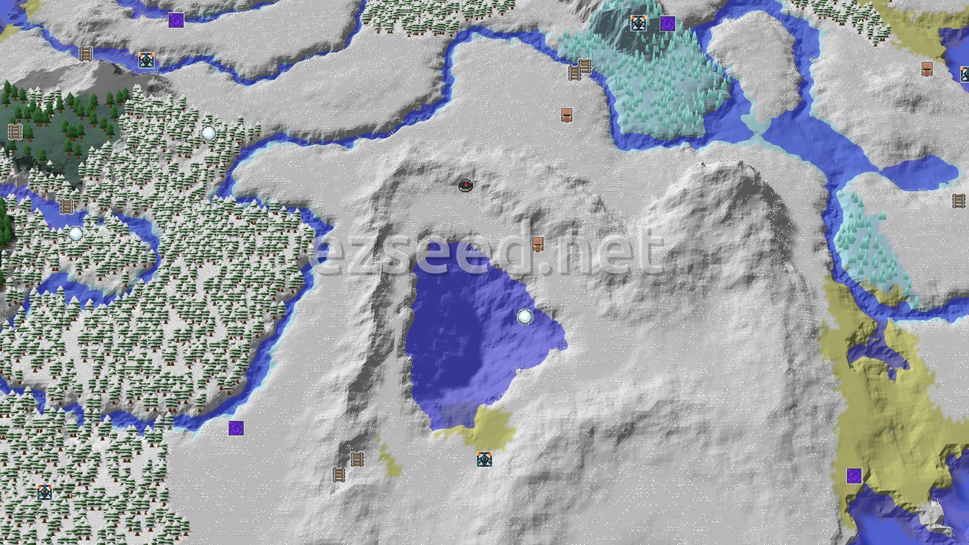 Aerial Minecraft seed map — Frosty Start, Village Nearby, and a Distant Trial