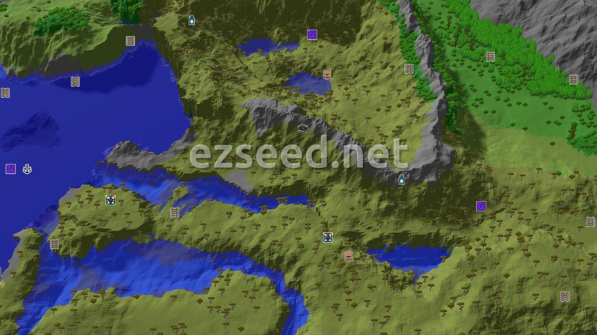 Aerial Minecraft seed map — Savanna Plateaus Meet Stony Peaks and Jungle