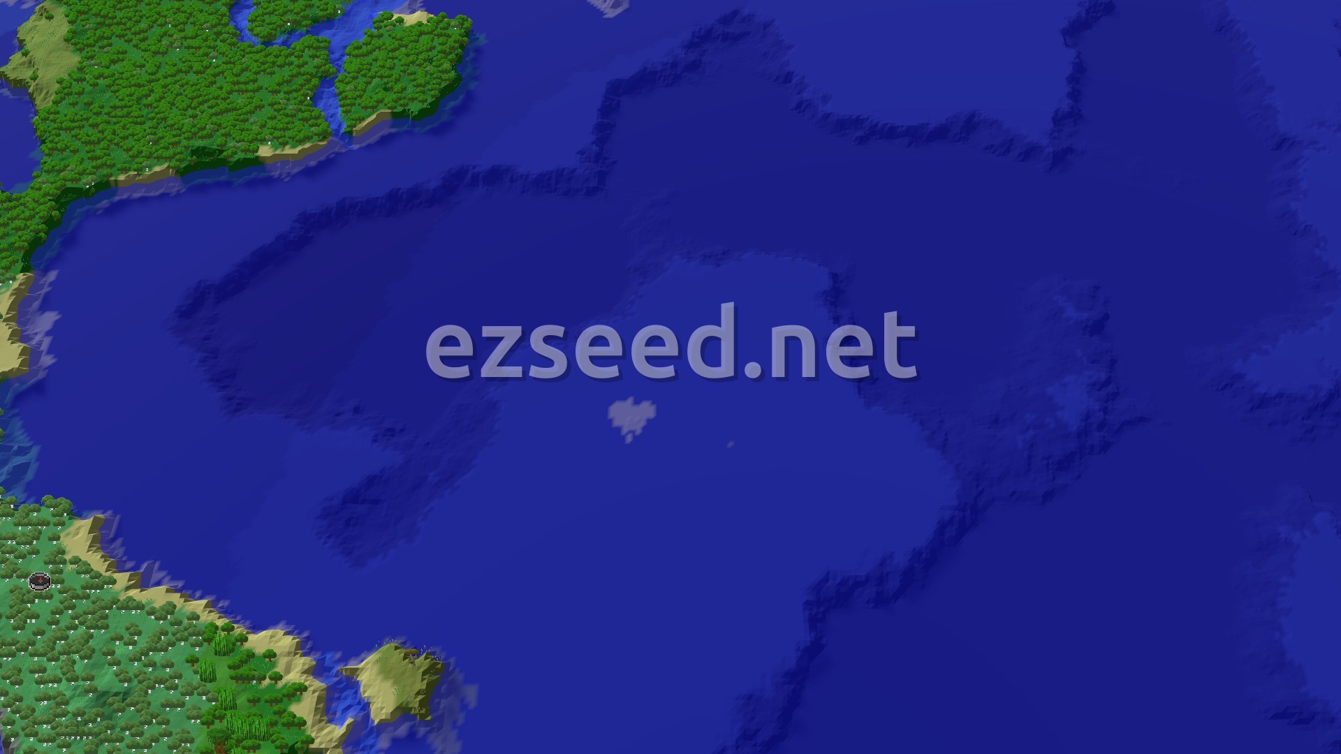 An aerial view of a forested landmass meeting a large ocean, with a small island visible in the distance. The spawn marker is on the lower left landmass.