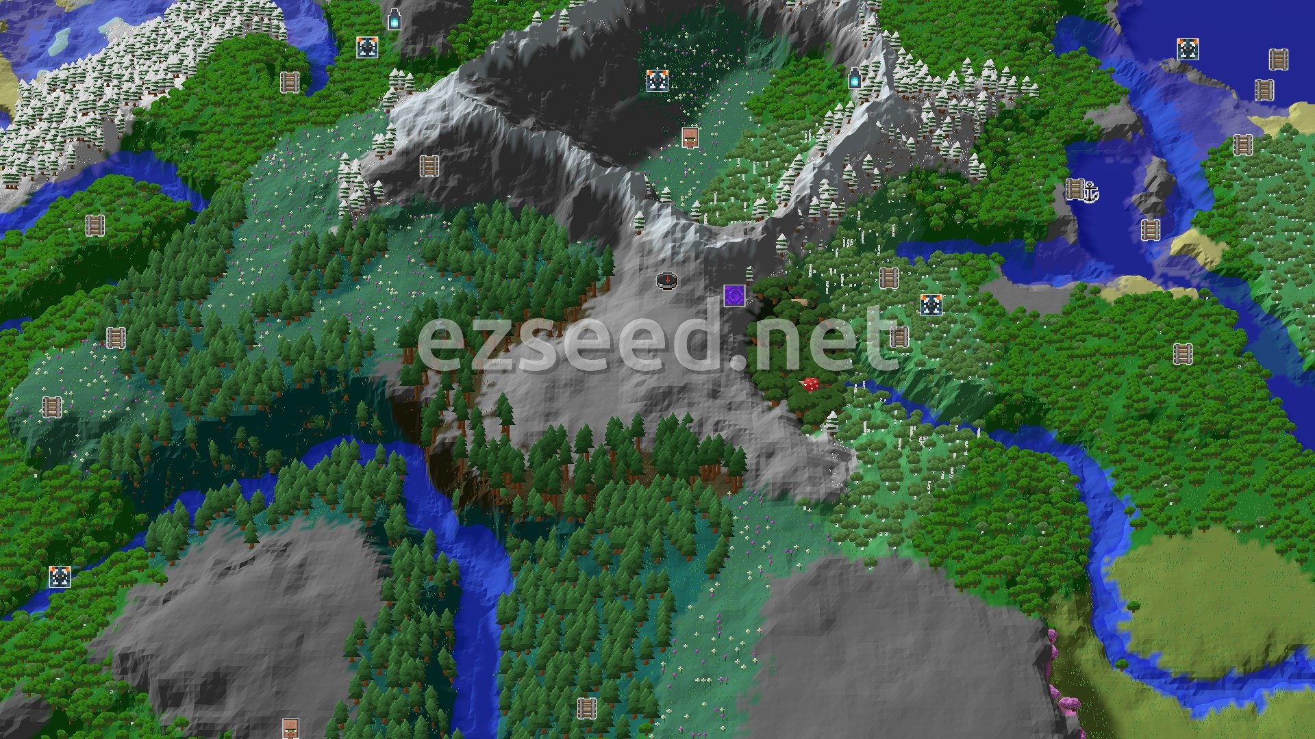 Aerial Minecraft seed map — A Mountainous Start with Nearby Structures