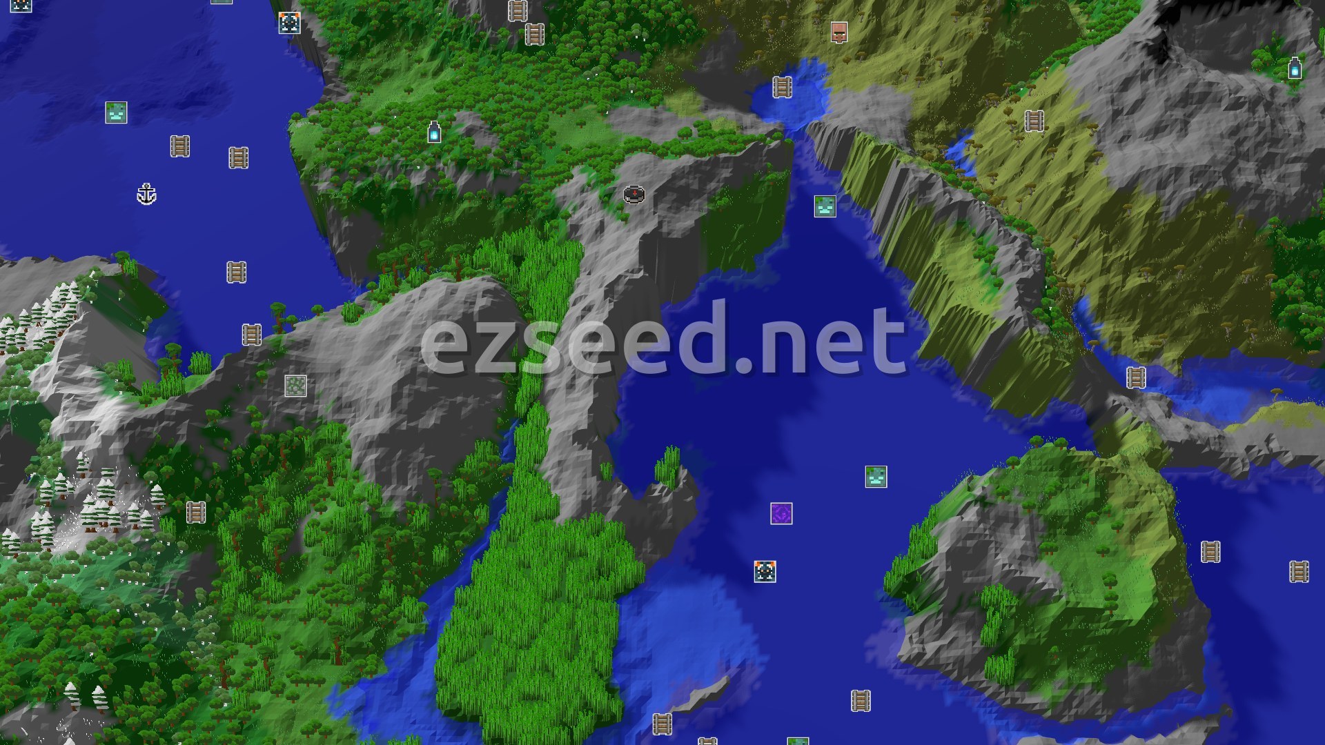 Aerial Minecraft seed map — Spawn in Stony Peaks, with a Jungle Temple nearby