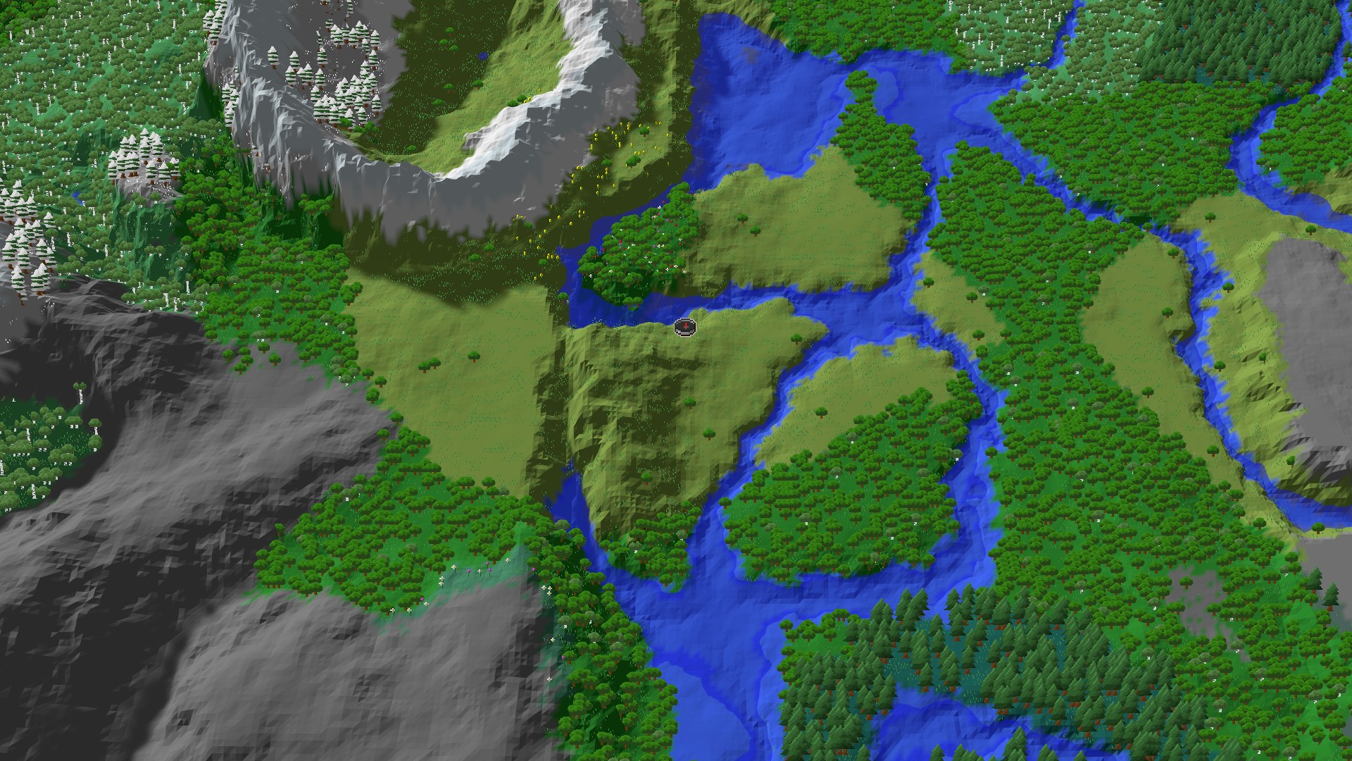 Aerial Minecraft seed map — Spawn in Plains with Nearby Mountains and a Trial Chamber