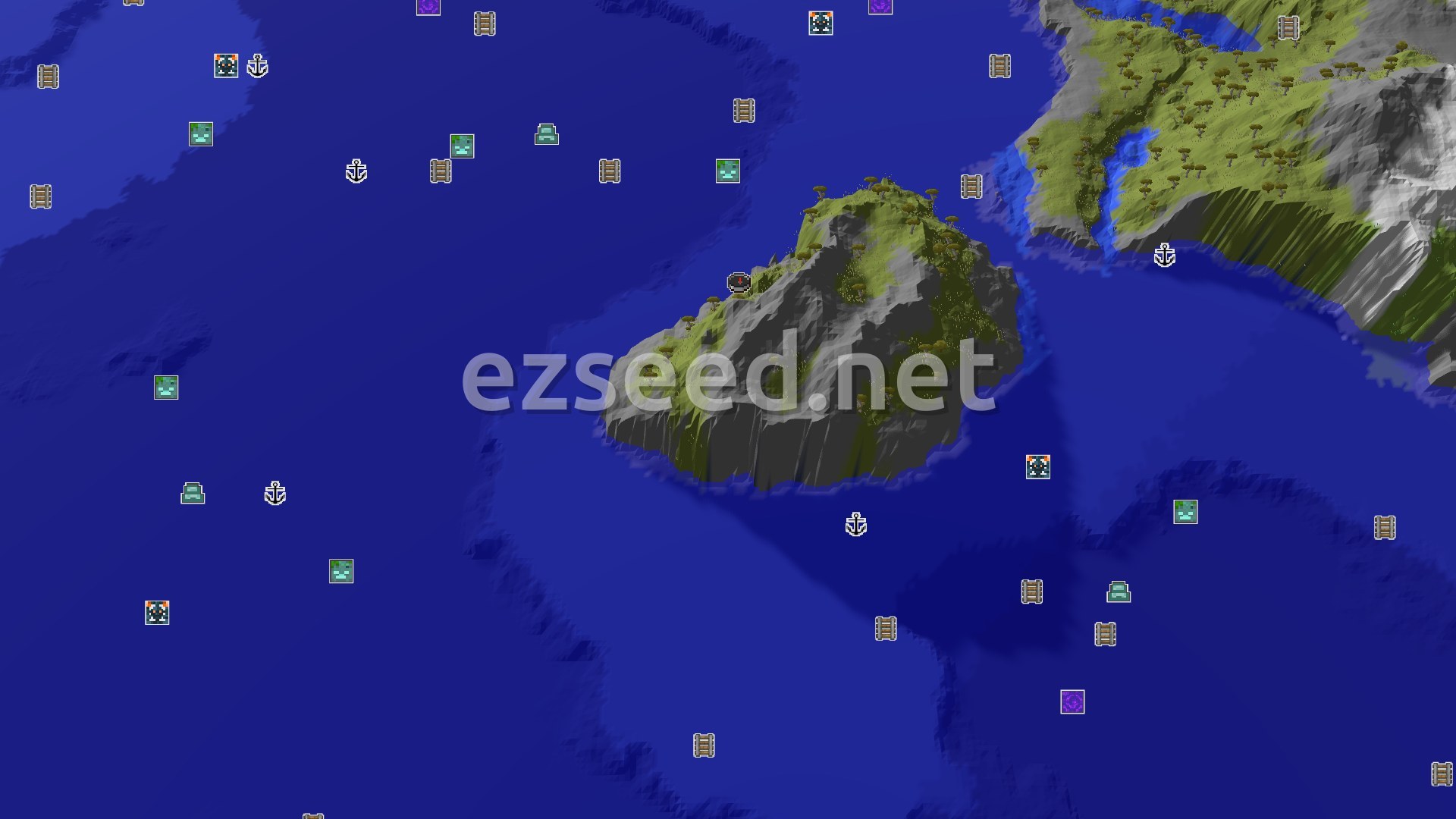 Aerial Minecraft seed map — Spawn on a Stony Peak with a Shipwreck Nearby