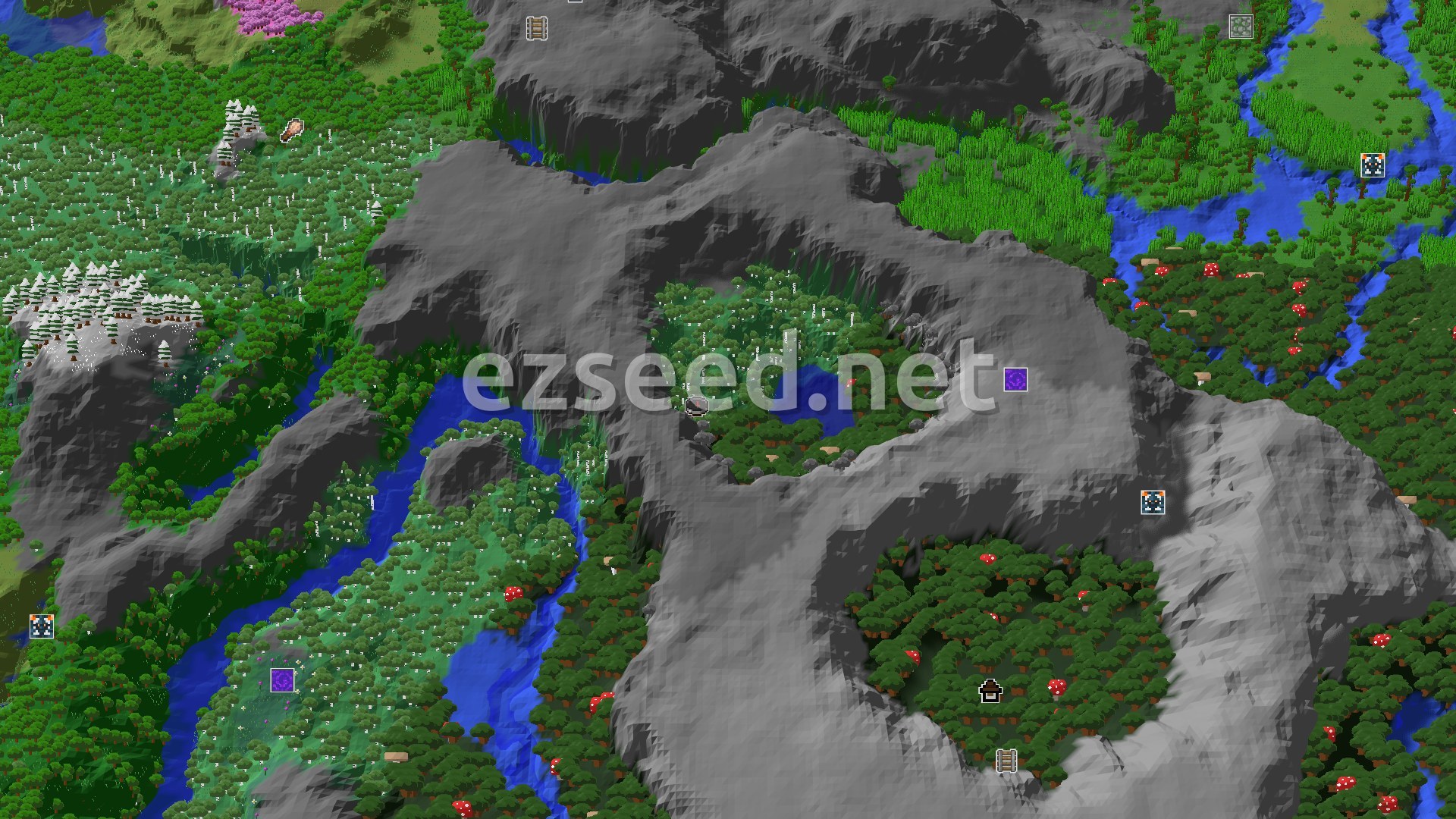 Aerial Minecraft seed map — A Lush Forest Start with Many Biomes Nearby