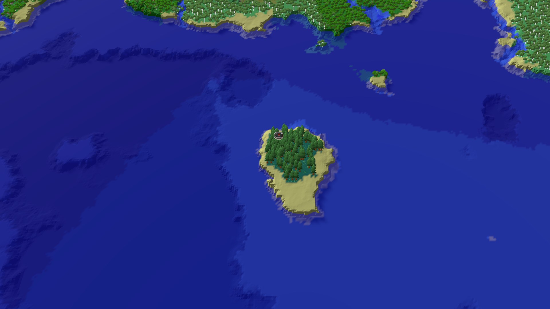 Aerial Minecraft seed map — Island Spawn with Nearby Village and Ocean Monument