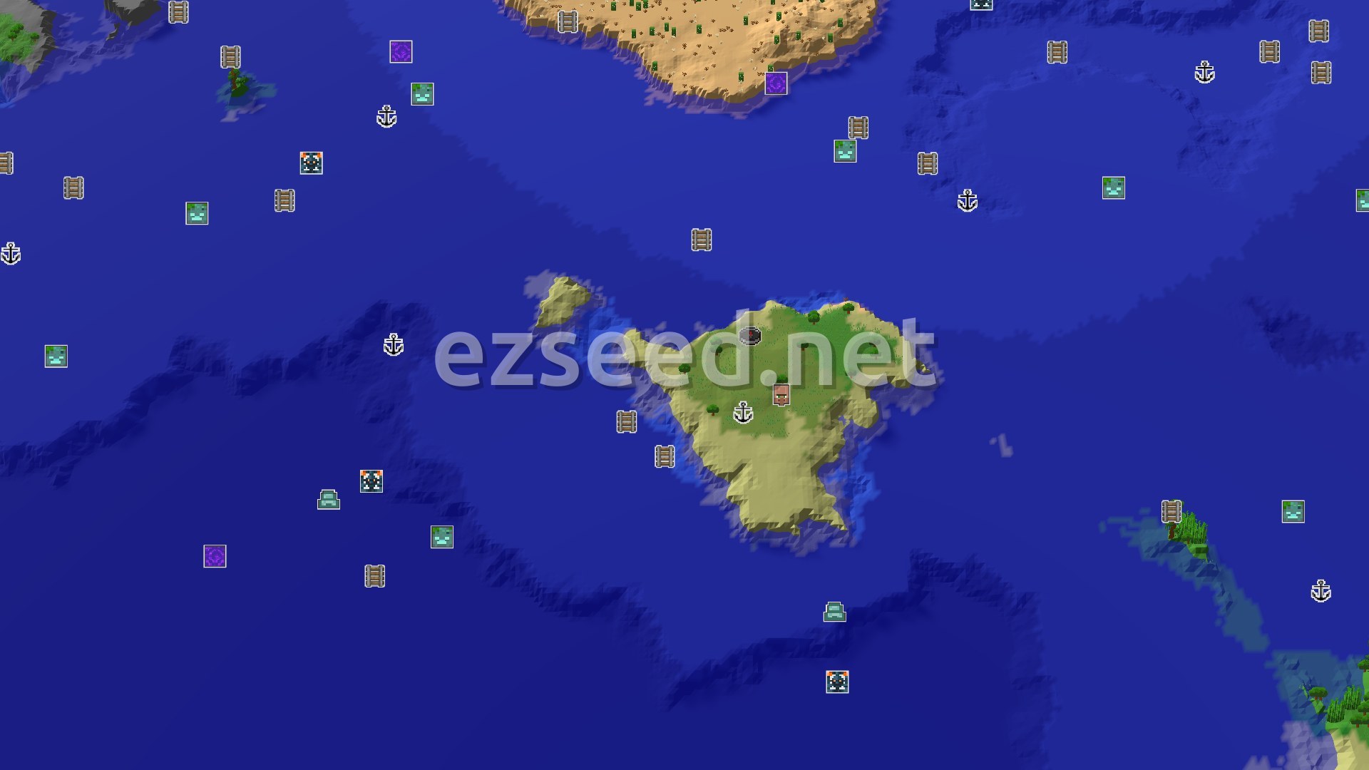 Aerial Minecraft seed map — Island Spawn with Nearby Village and Ocean Views